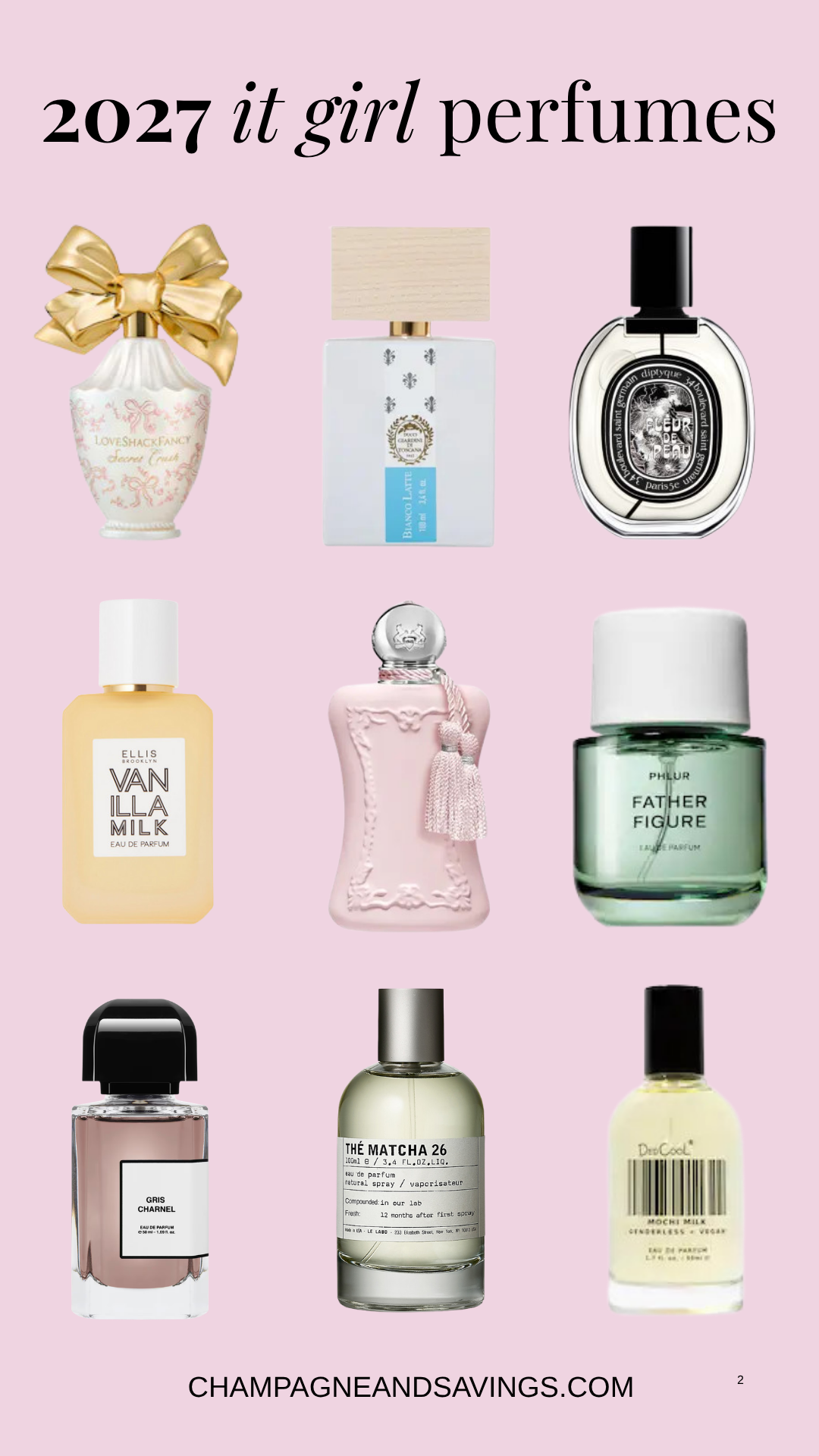 Image that says 2027 It Girl Perfumes and has a collage of trending perfumes.