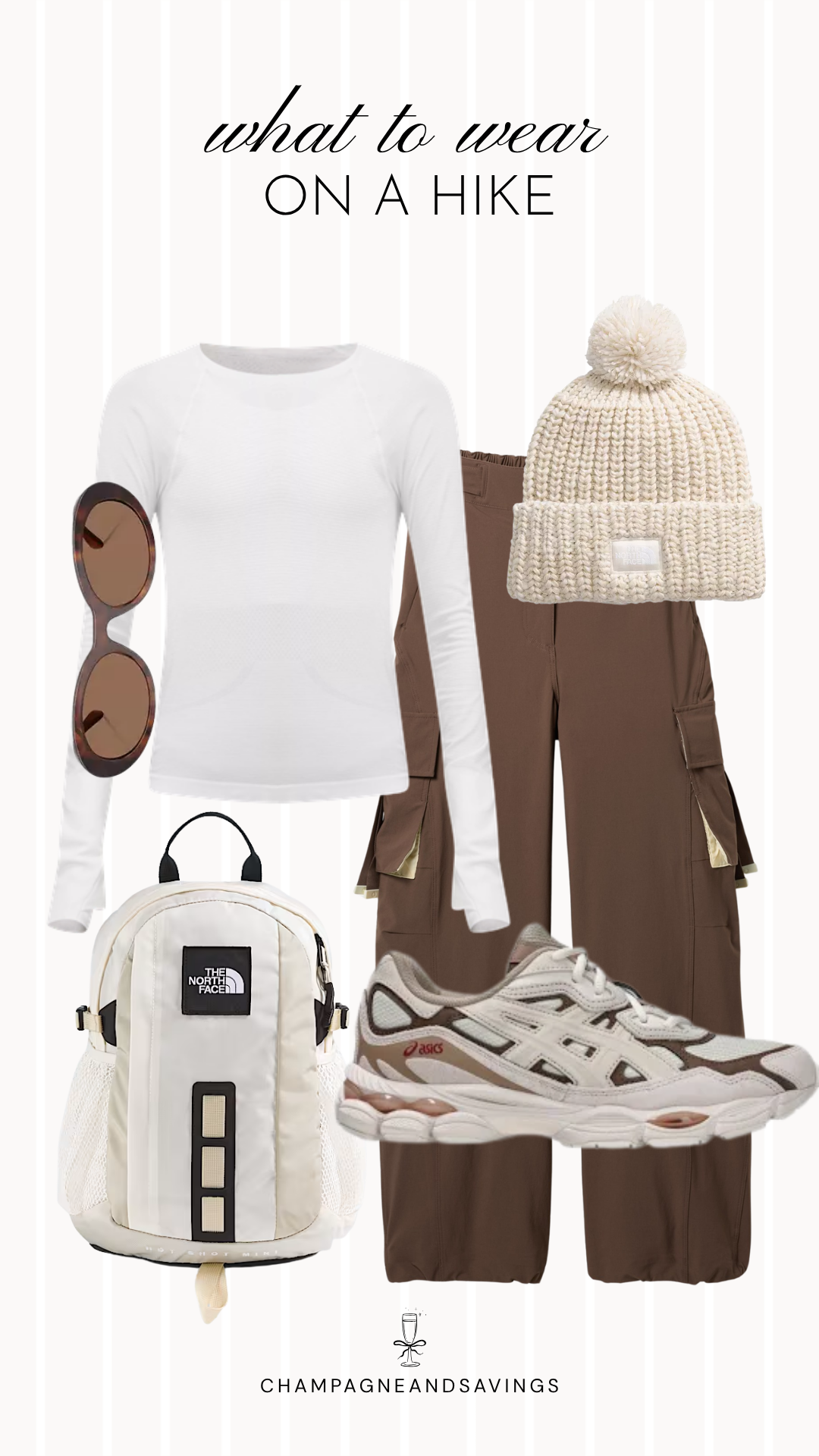 A collage of outfit pieces featuring a white long sleeve top paired with brown cargo pants, a pom beanie, and hiking boots, creating a cozy, practical, and stylish hiking outfit for cool-weather trail adventures.