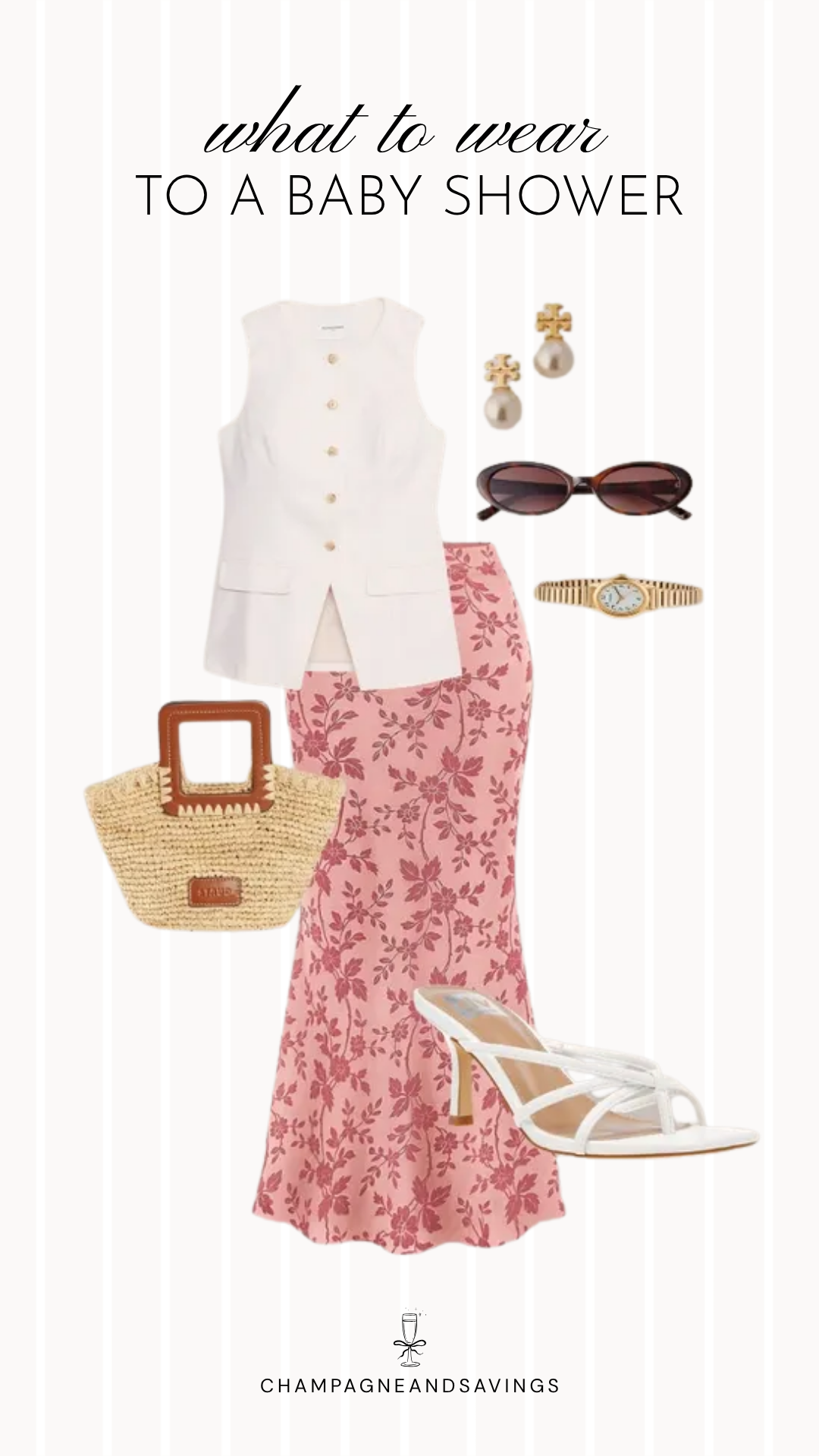Collage of outfit pieces featuring a white vest paired with a pink floral maxi skirt, coordinating shoes, handbag, and accessories for a chic and trendy baby shower guest outfit idea.