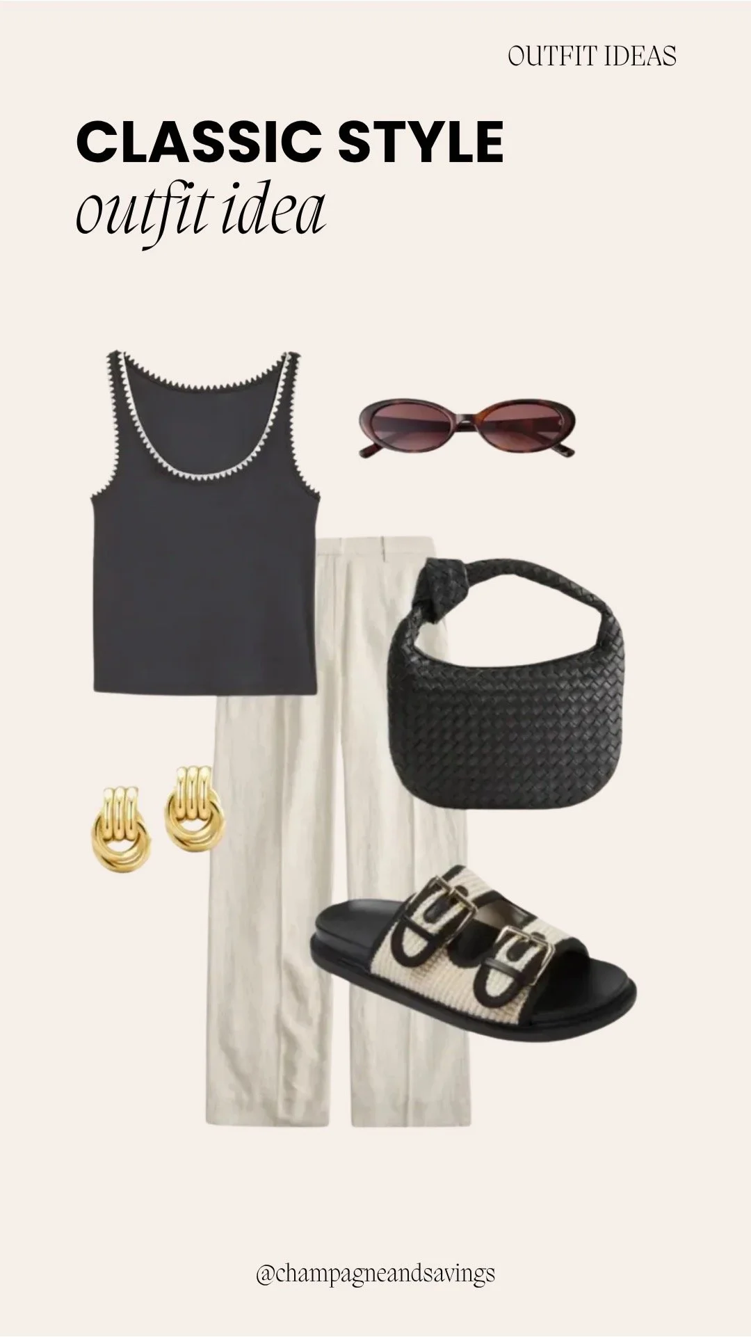 Image of a classic outfit collage featuring a black contrast trim tank, ivory linen pants, and woven slides styled together with coordinating accessories arranged as outfit pieces