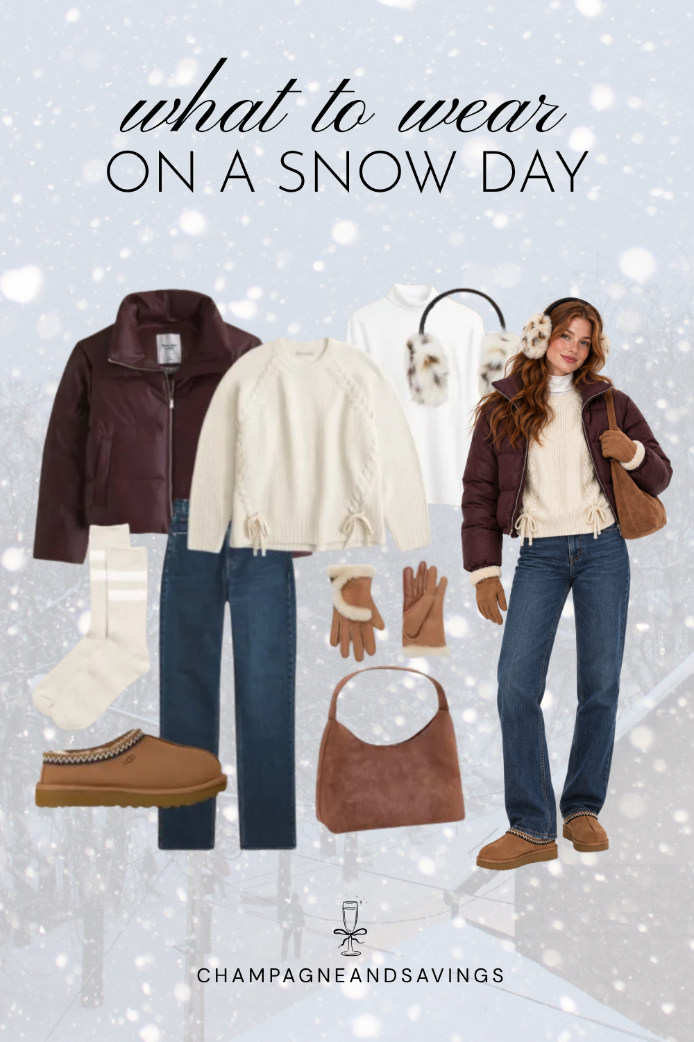 Trendy snow day outfit idea featuring a burgundy puffer jacket, sweater, and jeans, shown in a collage of outfit pieces.