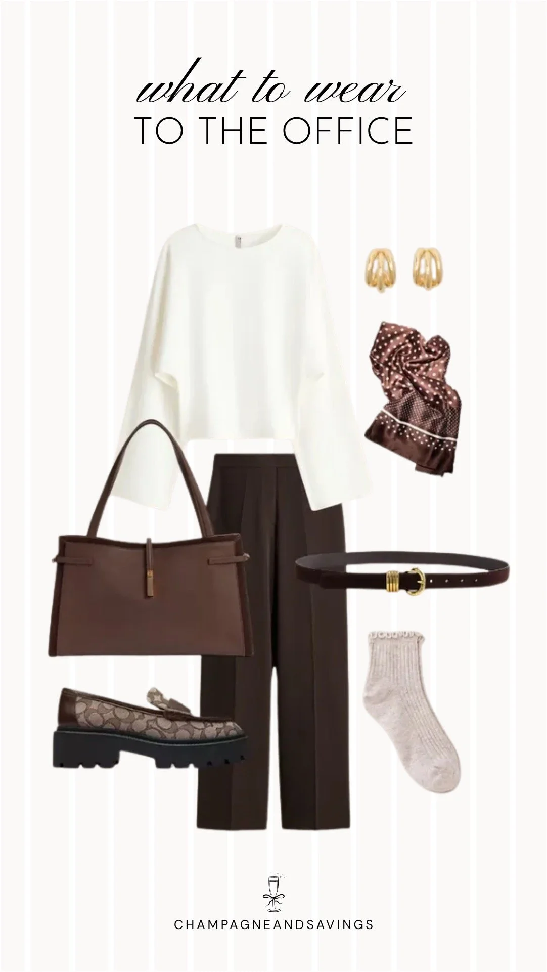 Collage of outfit pieces featuring a white blouse styled with brown trousers and chunky loafers for a polished and sophisticated summer office outfit idea for cold office days.