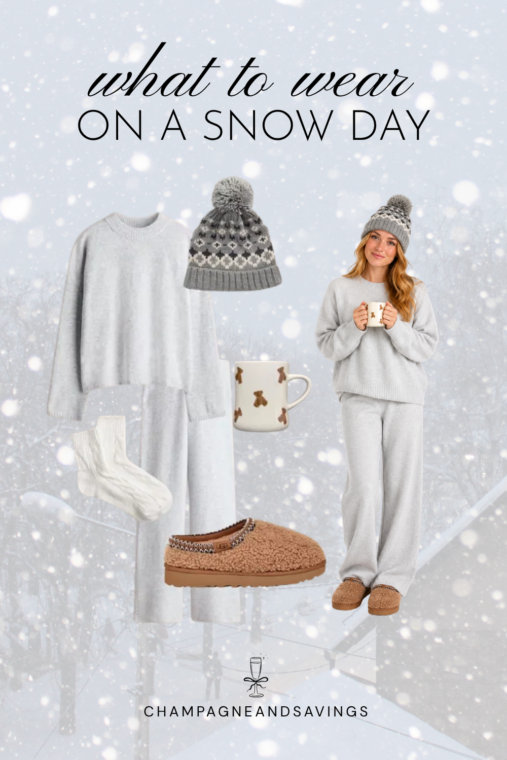Trendy snow day outfit idea featuring a matching sweater set and cozy slippers, shown in a collage of outfit pieces.