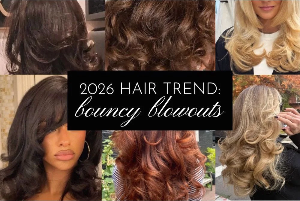 collage of the 2026 hair trend: bouncy blowouts