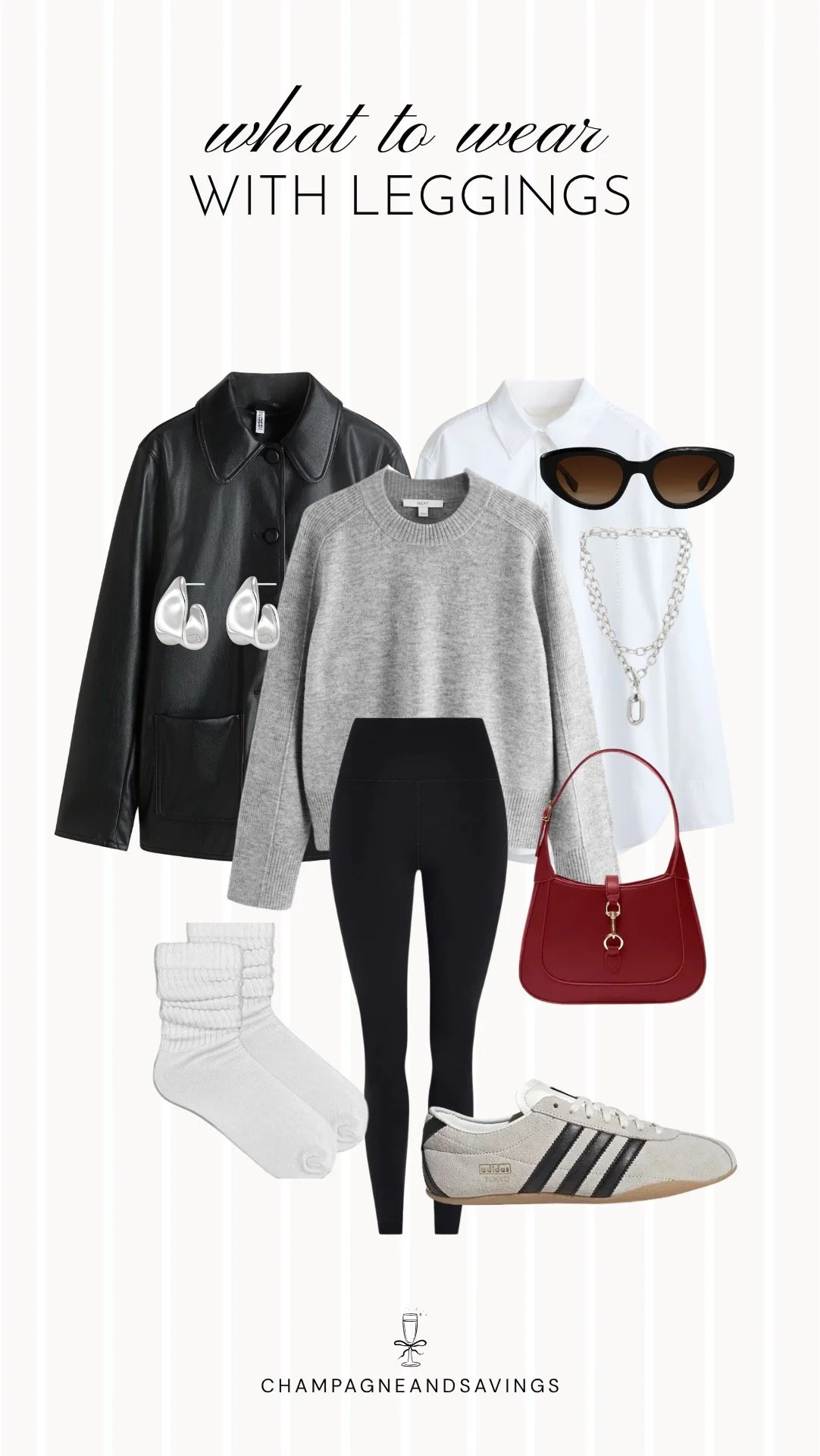 Collage of outfit pieces featuring black leggings styled with a grey sweater and Adidas Sambas for a casual and trendy fall outfit.