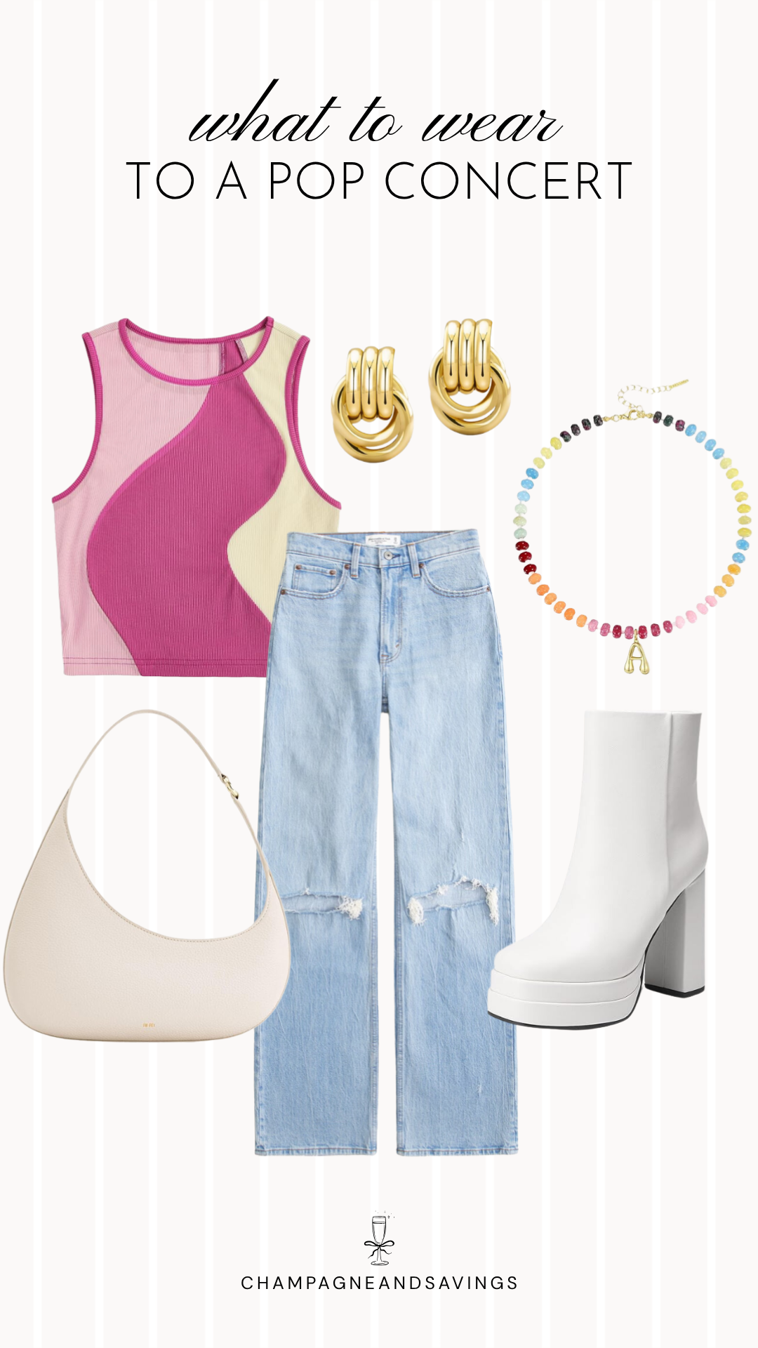 Collage of outfit pieces featuring a swirl-print tank top paired with jeans and white platform boots, creating a fun and trendy pop concert outfit idea.