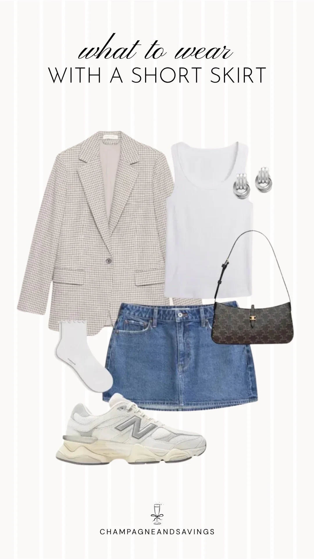 Collage of outfit pieces featuring a short skirt styled with an oversized blazer and sneakers for a chic, sporty outfit idea.