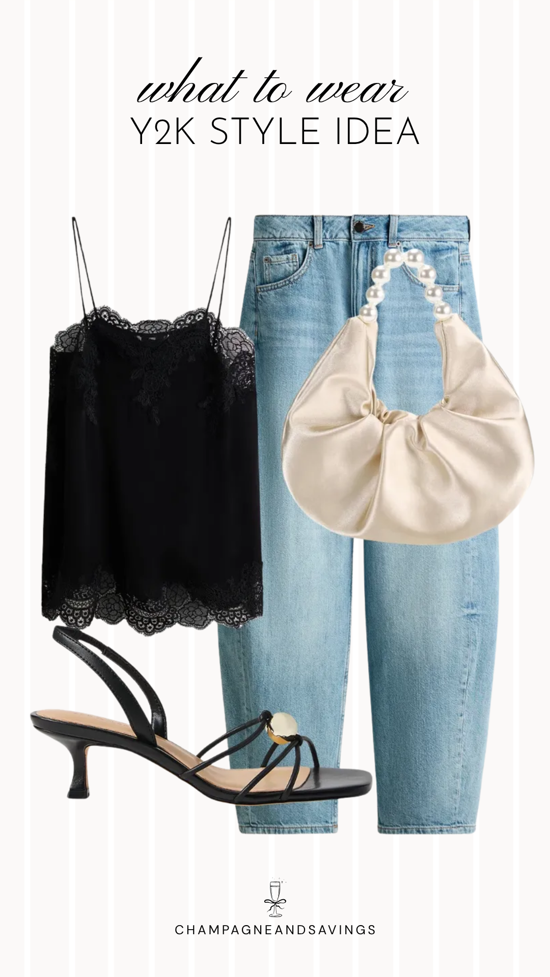 Y2K outfit idea collage featuring a lace cami with jeans for a trendy 2026 look.