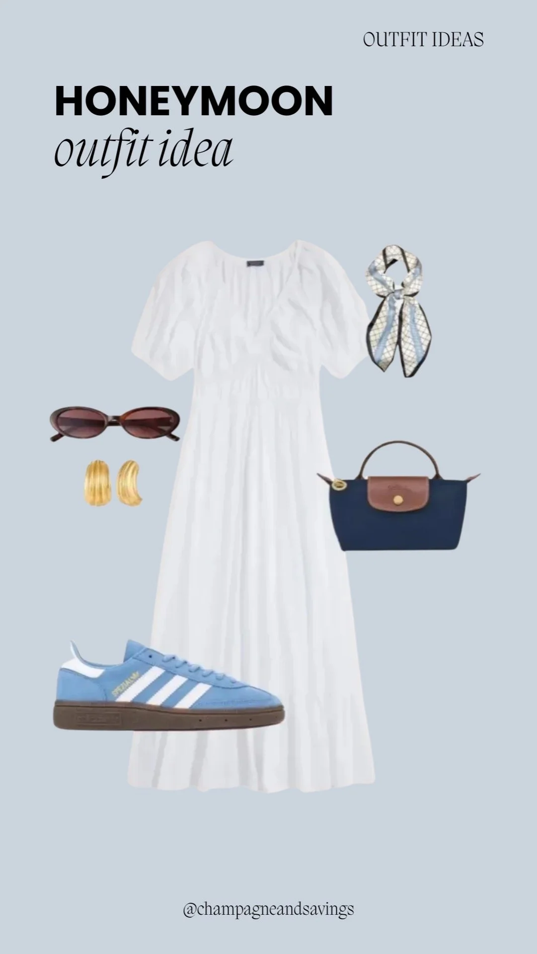 Honeymoon outfit idea collage featuring a white puff sleeve midi dress paired with sneakers, styled with accessories for a cute and comfortable bridal vacation look.