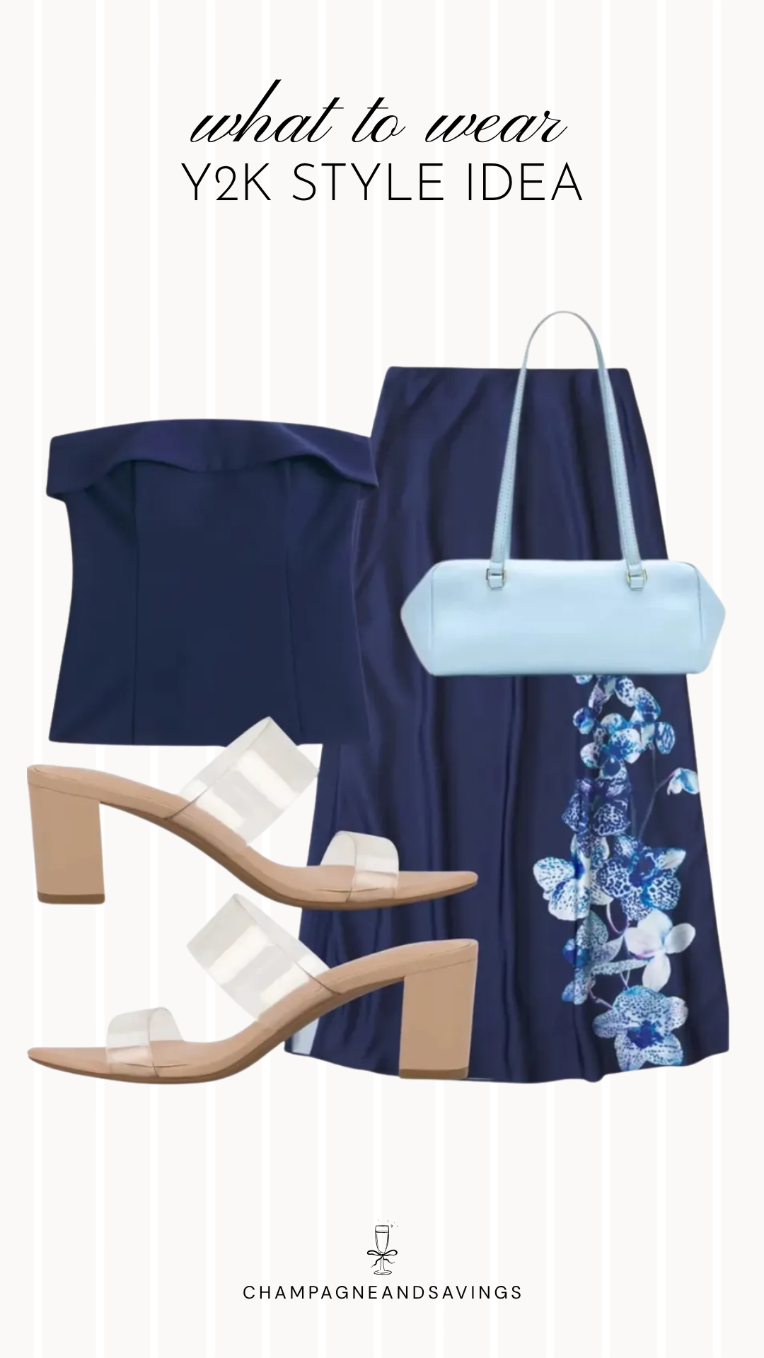 Y2K outfit idea collage featuring a strapless top with a floral midi skirt for a trendy 2026 look.
