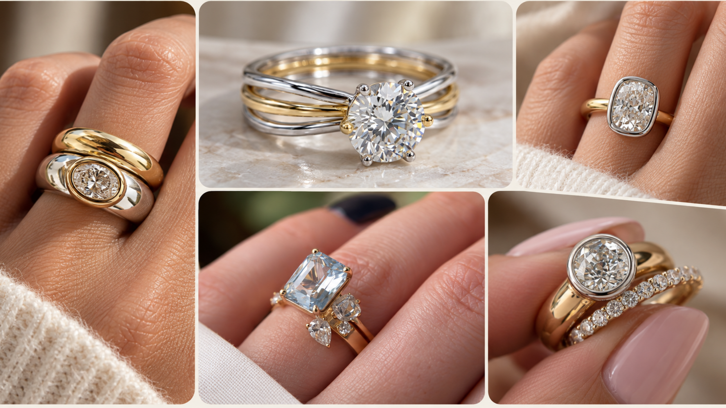 Collage of mixed metal engagement rings featuring yellow gold bands paired with platinum and white gold diamond settings.