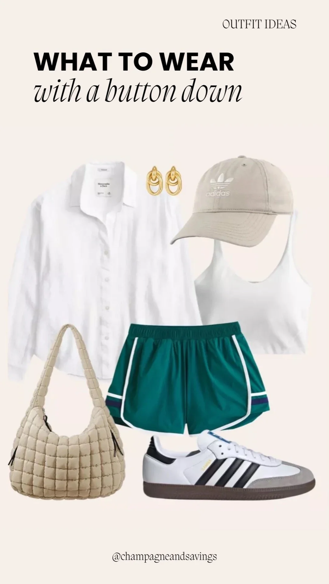 Button down shirt outfit idea featuring athletic shorts styled with a button-down shirt and sneakers, shown in a collage of outfit pieces.