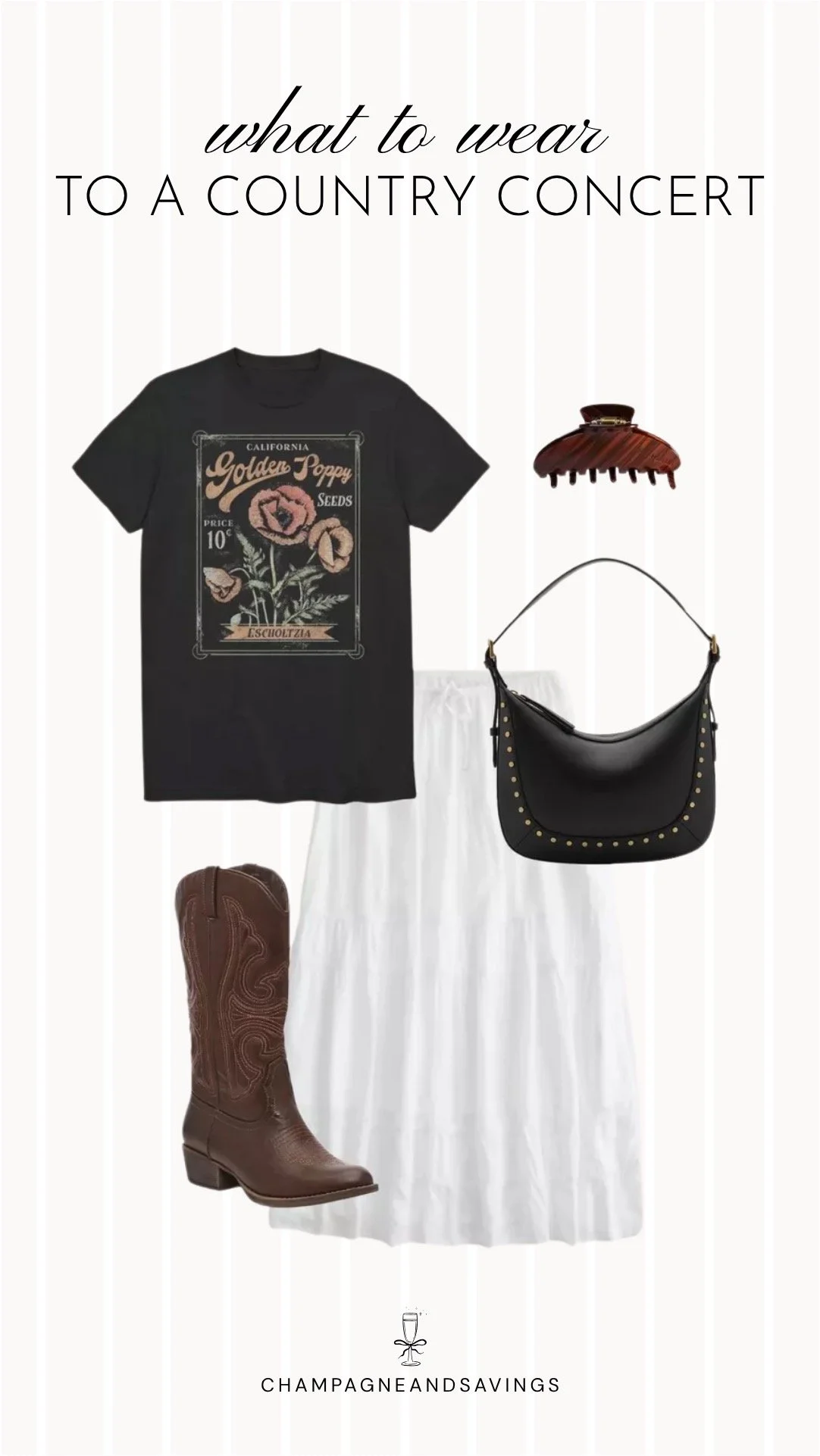 Collage of outfit pieces featuring a vintage graphic tee styled with a white midi skirt and brown boots for a casual and trendy country concert outfit idea.
