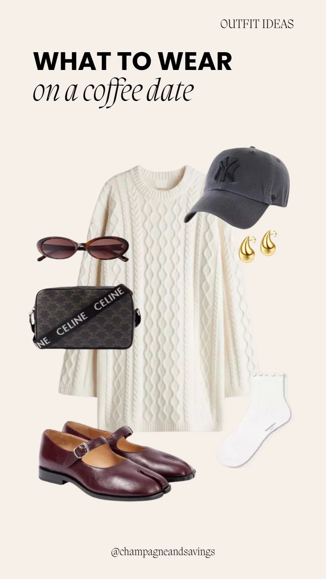 Coffee date outfit ideas collage featuring styled pieces including a cable knit dress and Mary Janes for a cute, effortless café look