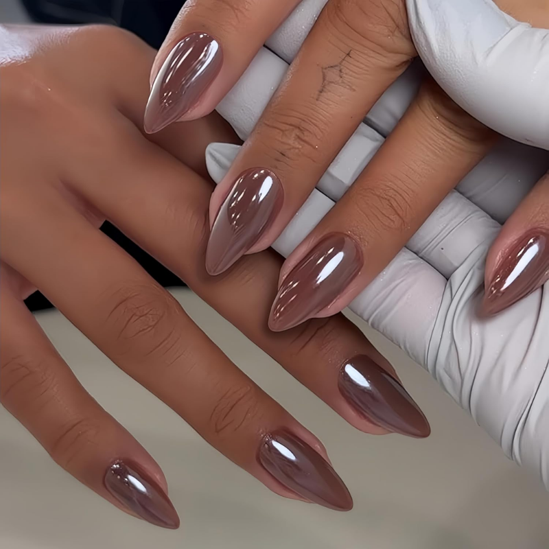 Fall chrome nail idea featuring mocha chrome