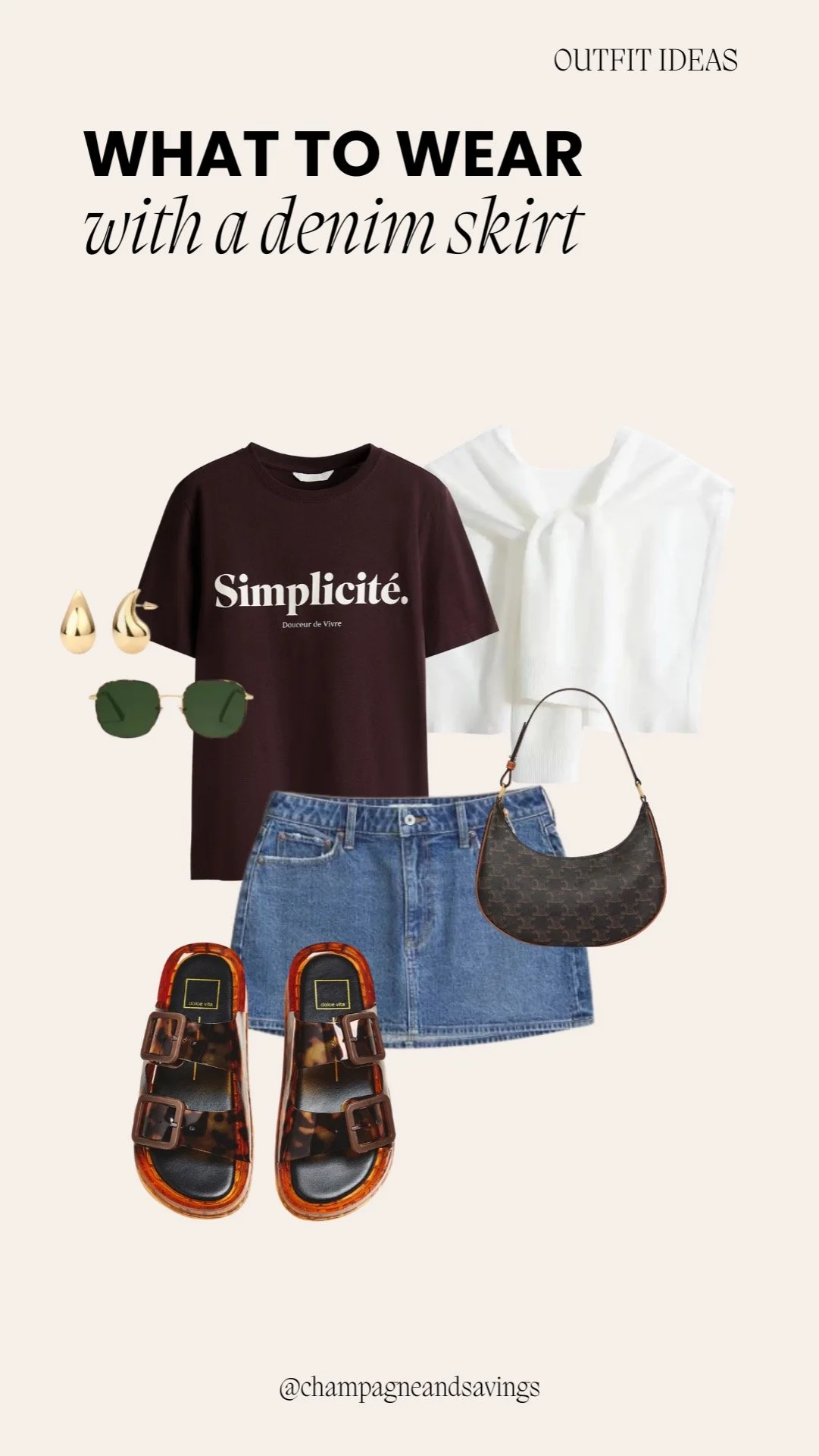 Mini skirt outfit idea featuring a denim mini skirt paired with a graphic tee and tortoise sandals, styled together as coordinated outfit pieces.