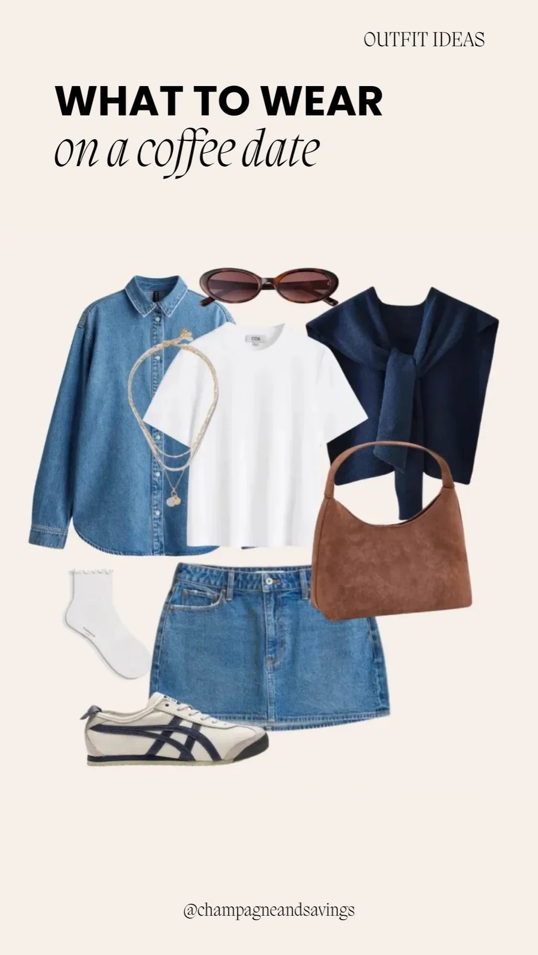 Coffee date outfit ideas collage featuring styled pieces including a casual denim skirt for a cute, effortless café look