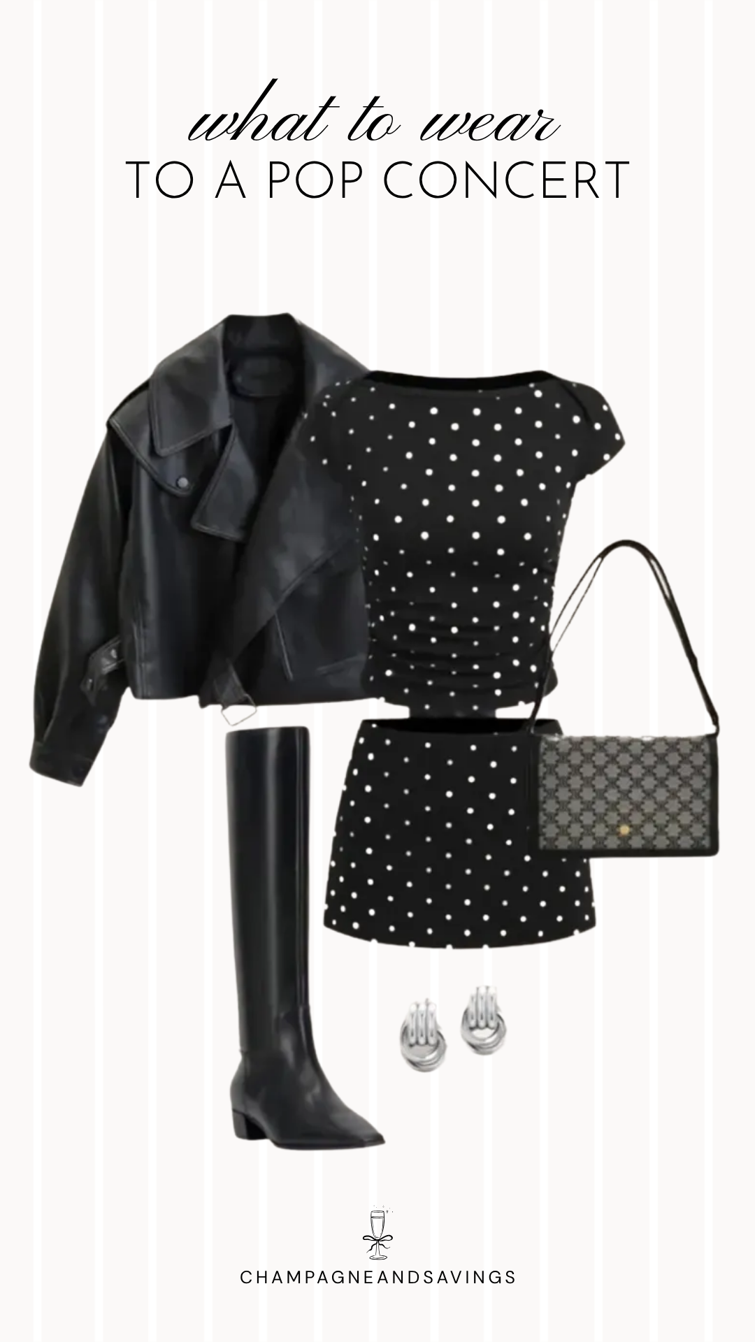Collage of outfit pieces featuring a polka dot matching set layered with a moto jacket and paired with tall boots, creating a chic and edgy pop concert outfit idea.