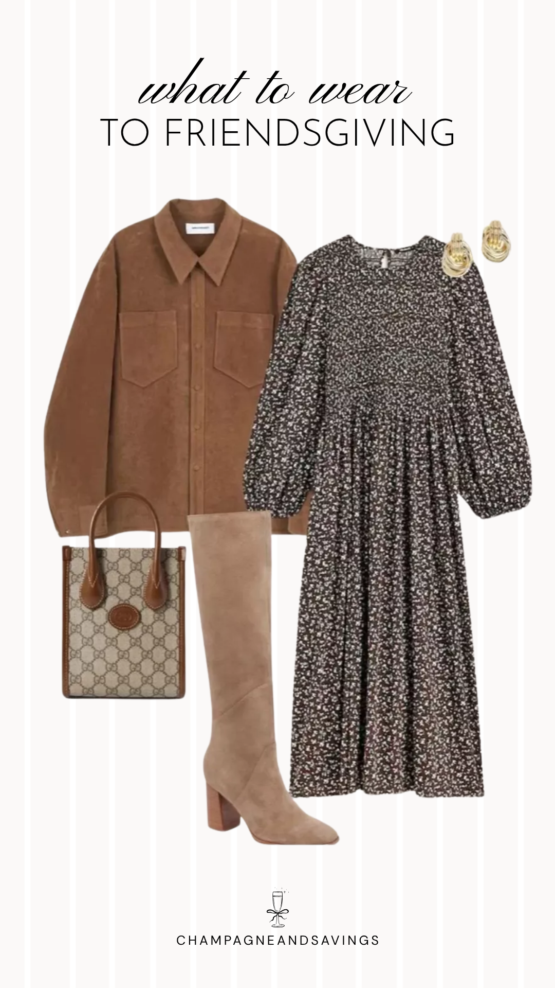 Friendsgiving outfit idea featuring a suede shirt jacket layered over a floral midi dress, styled together in a cozy fall fashion collage that's perfect for a stylish and festive holiday gathering.