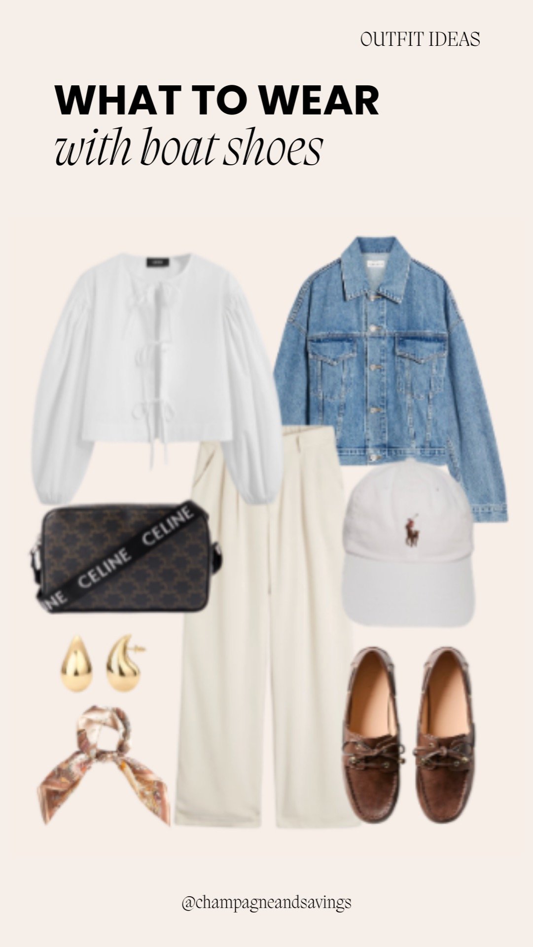 Outfit featuring boat shoes styled with wide leg pants and a jean jacket