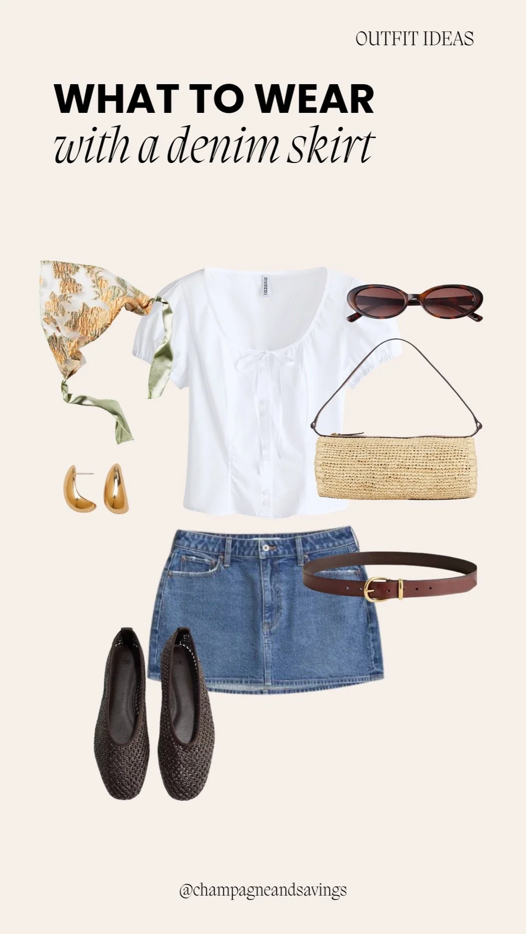 Mini skirt outfit idea featuring a denim mini skirt paired with a white blouse and woven flats, styled together as coordinated outfit pieces.