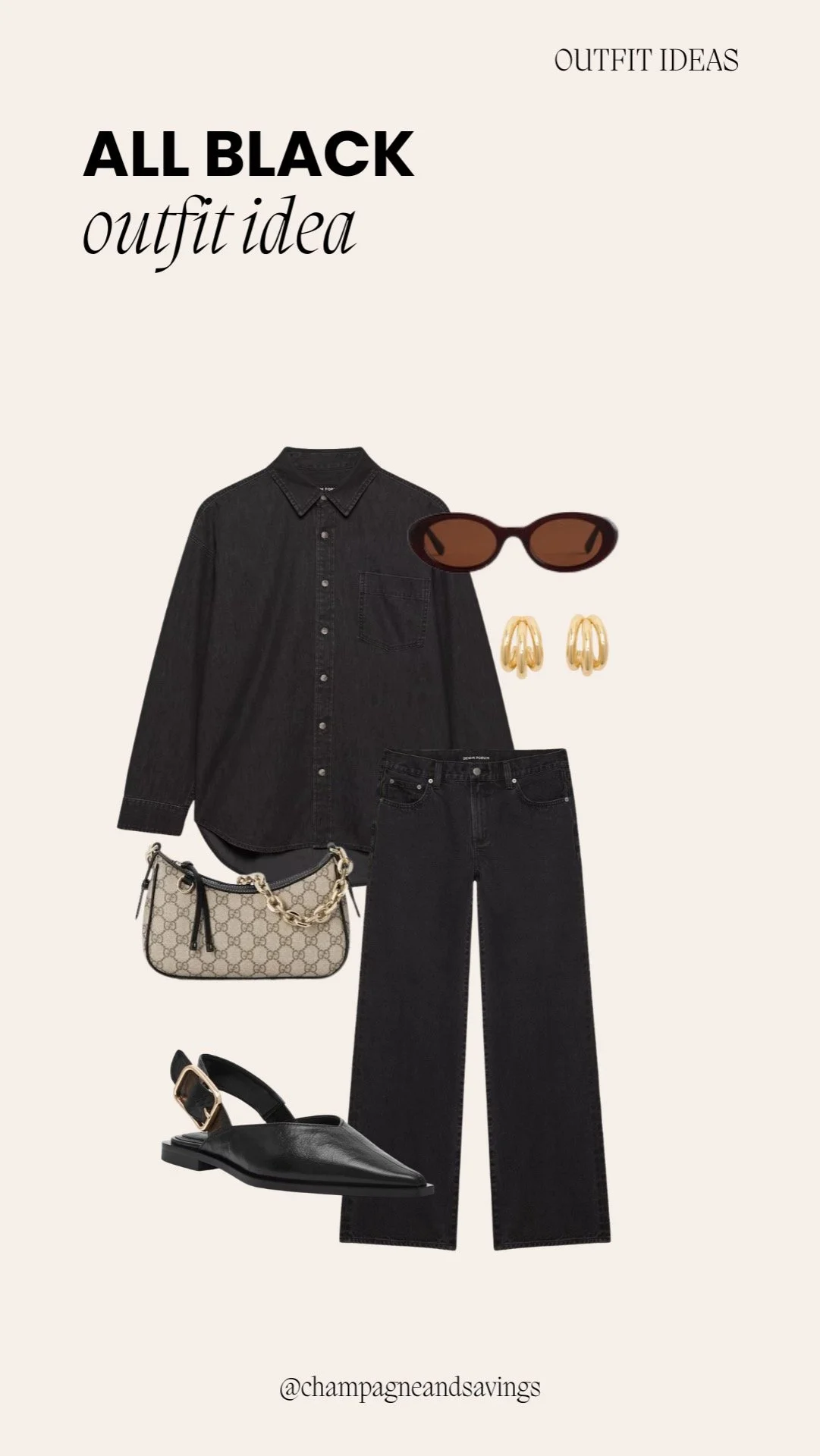Outfit collage showing a cute and comfy all-black outfit idea with a black denim shirt and wide-leg jeans.