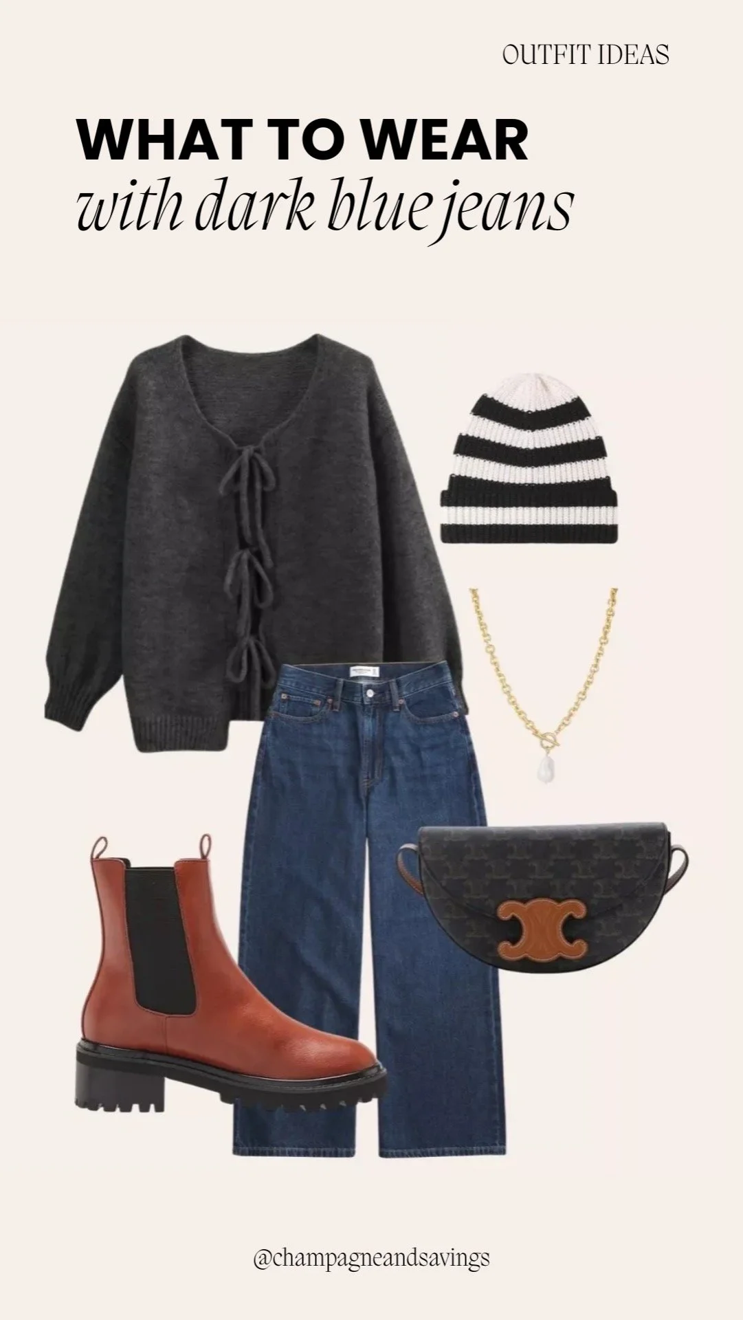Collage of outfit pieces for a “Grey Sweater + Chunky Boots” dark denim look, featuring dark denim paired with a grey sweater and chunky boots, styled in a cozy casual aesthetic.