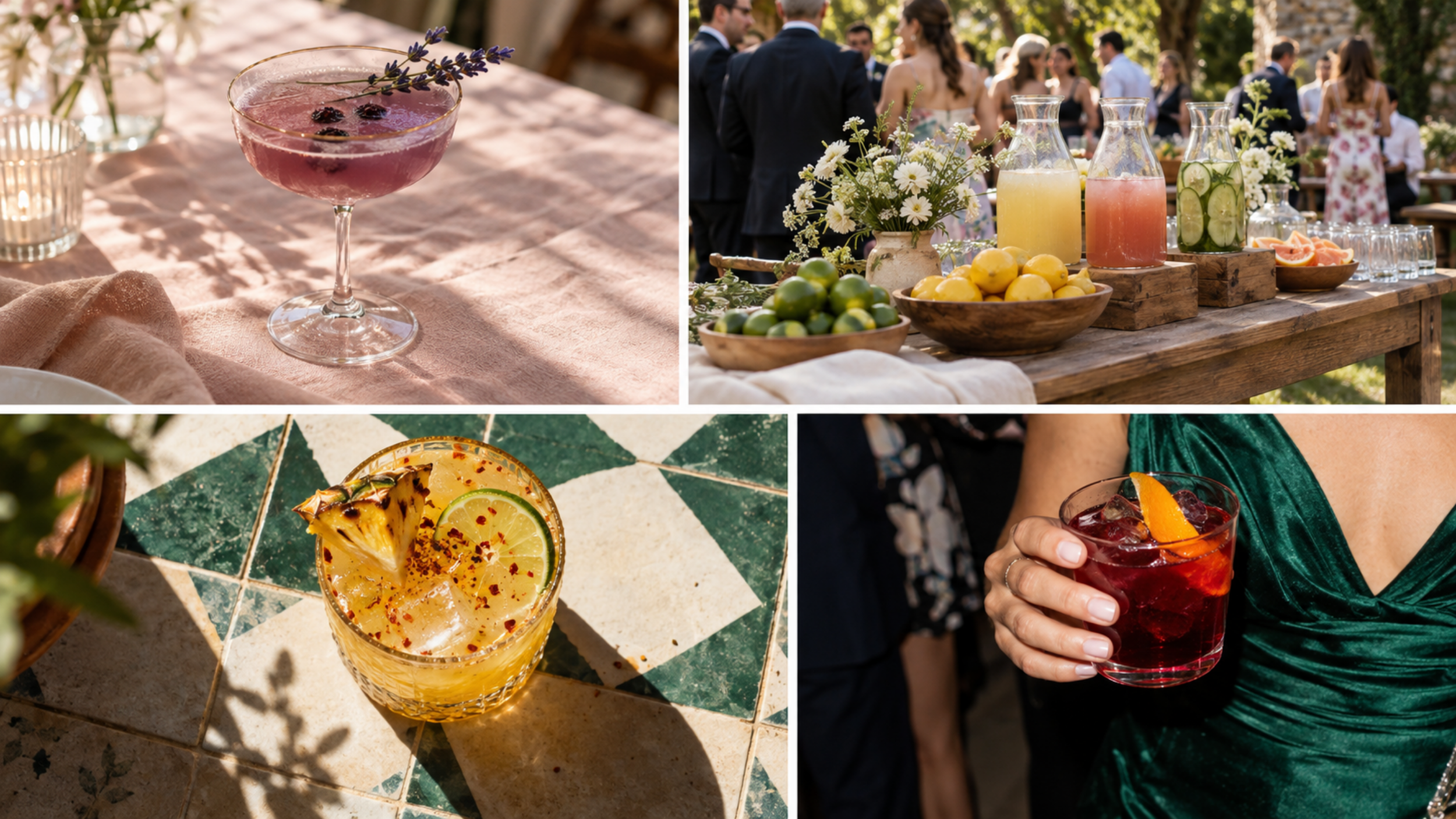 Wedding mocktail inspiration featuring a lavender-garnished berry drink, a colorful drink station, and pineapple and citrus garnishes.