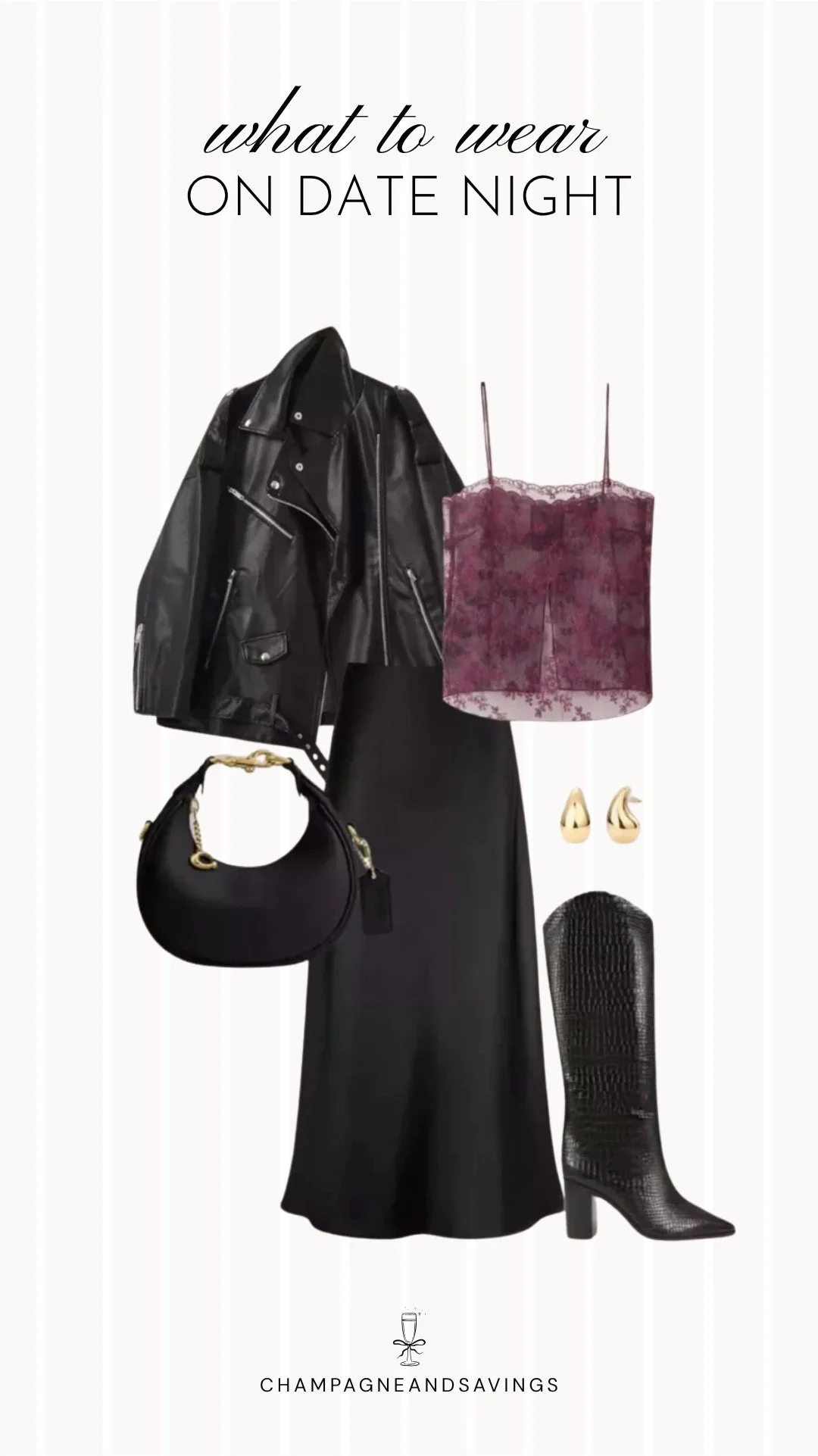Collage of outfit pieces featuring a black slip skirt styled with a leather moto jacket and croc boots for an edgy and chic fall date night outfit idea.