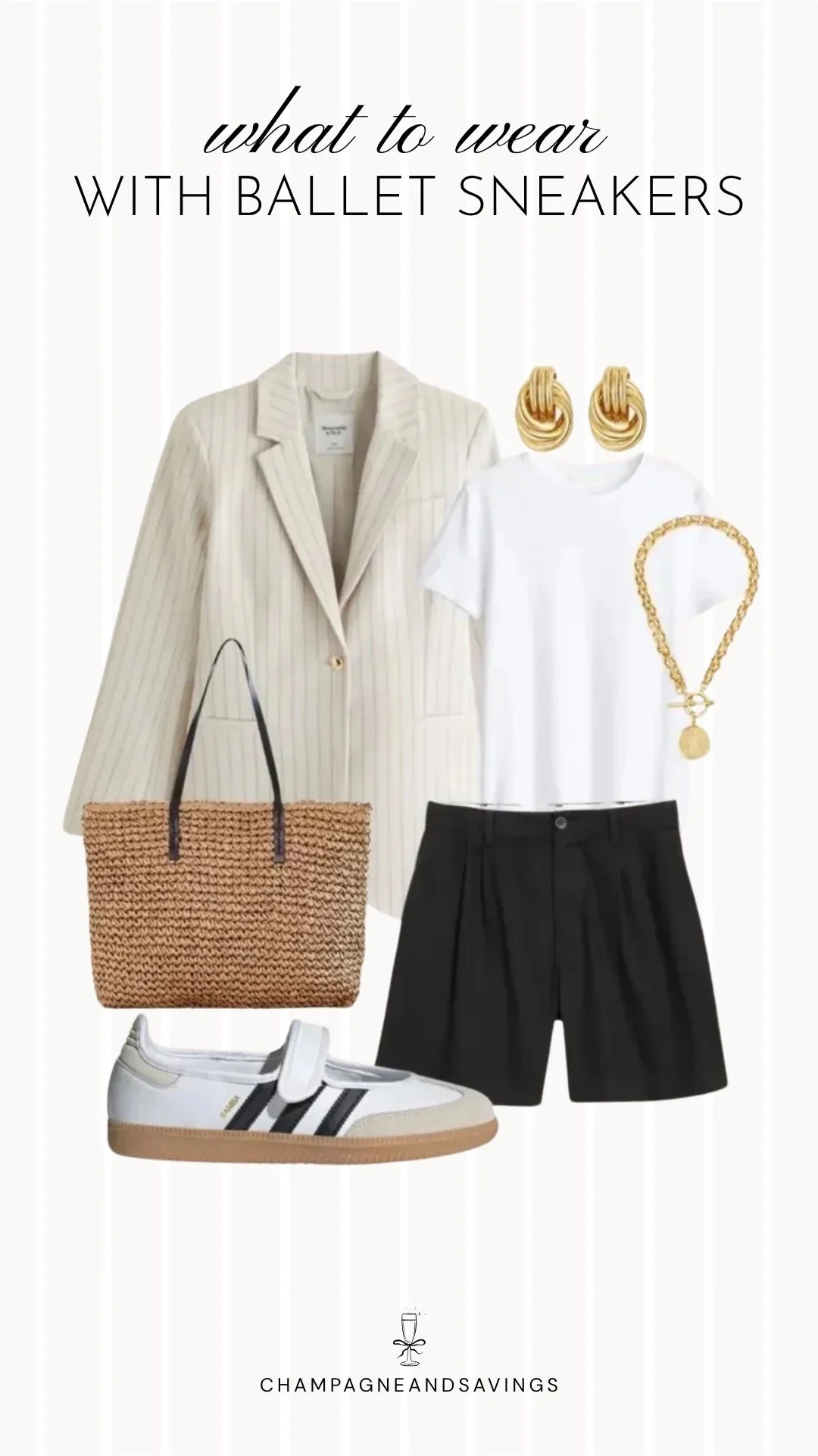 Collage of outfit pieces featuring ballet sneakers styled with tailored shorts and a pinstripe blazer for a chic outfit that combines sporty and polished elements.