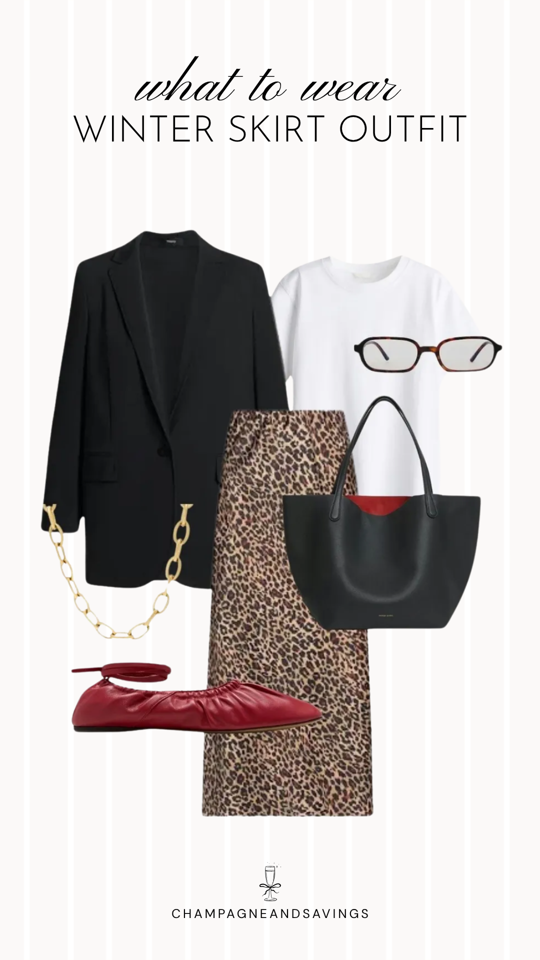 Leopard print skirt and black blazer winter outfit idea with stylish layers and accessories for a chic cold-weather look.