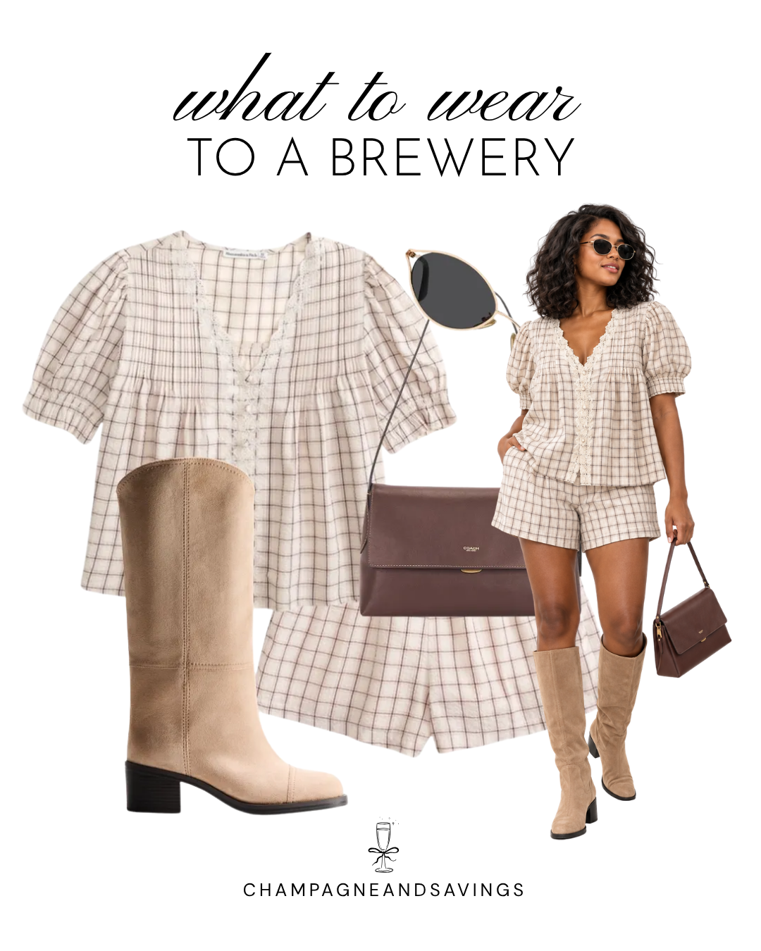 Cute fall brewery outfit featuring a matching cream plaid blouse and shorts set with tall suede boots and brown shoulder bag.