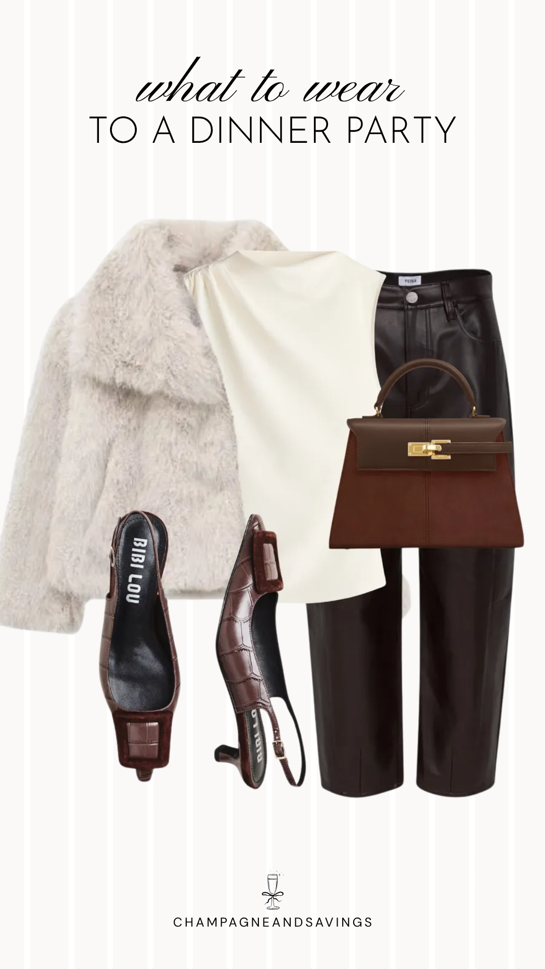 A dinner party outfit idea featuring a classic white top paired with faux leather pants for a sleek, elevated fall look that's equal parts polished and modern.
