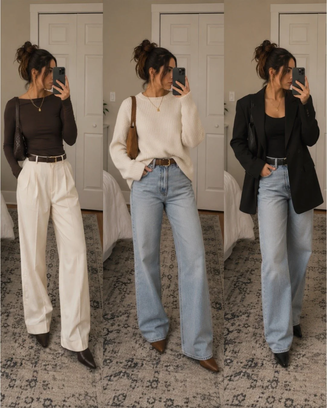 Side-by-side mirror selfies of the same woman wearing three different trendy neutral-toned outfits in a bedroom