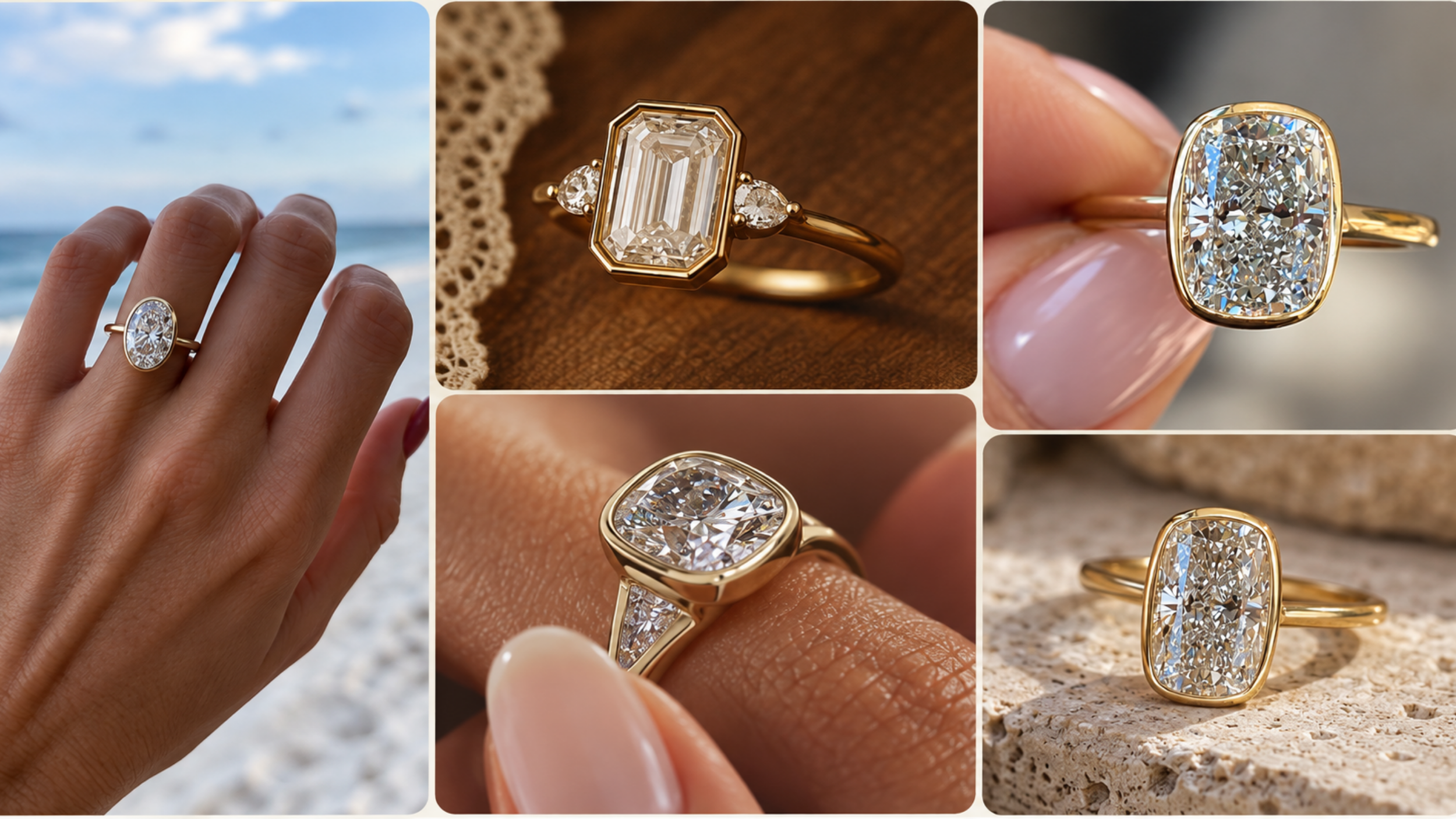 Collage of bezel set diamond engagement rings featuring oval, emerald cut, and round diamonds surrounded by sleek gold settings.