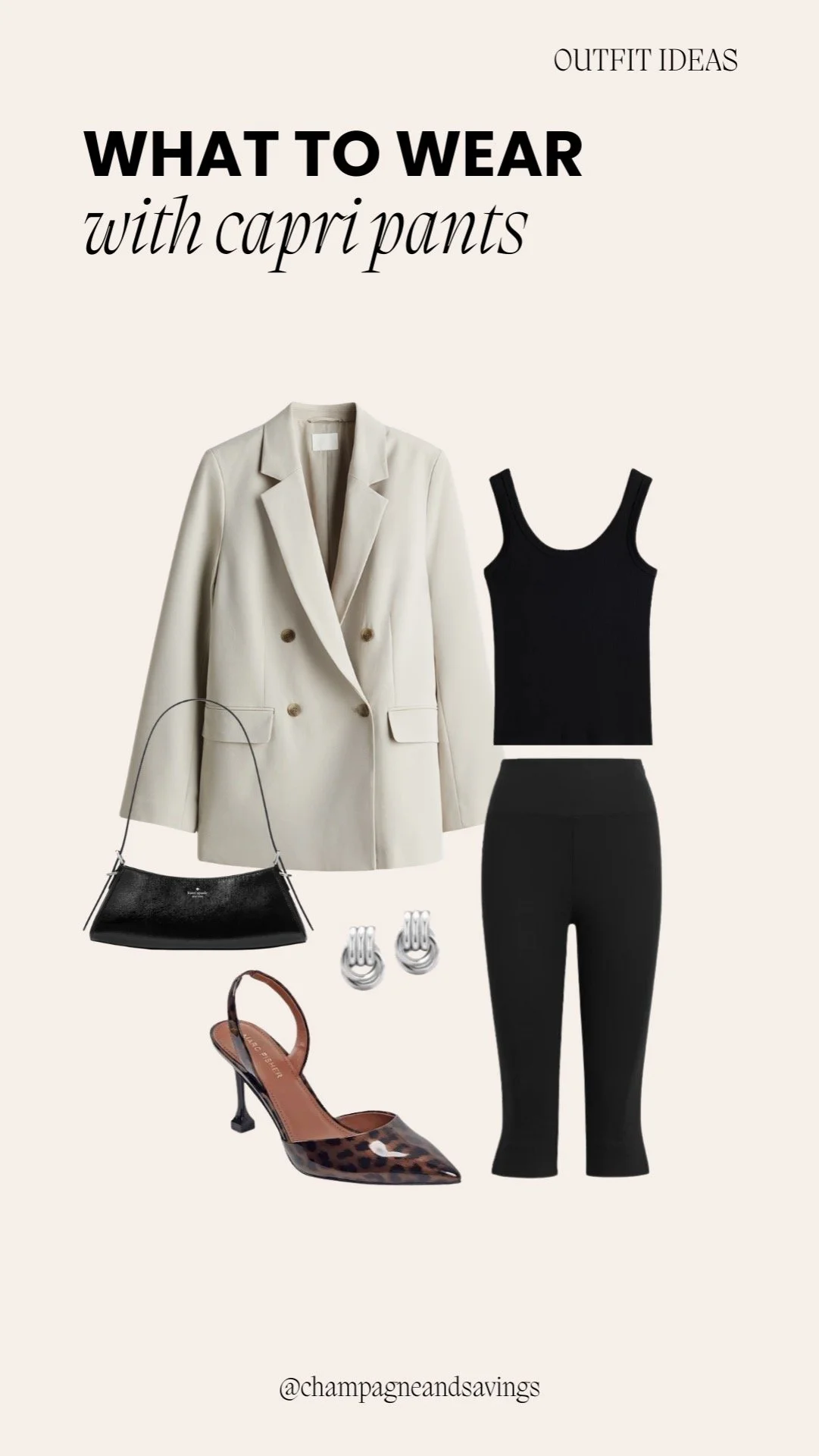 Collage of outfit pieces for a “Tailored Blazer and Leopard Heels” capri pants look, featuring capri pants paired with a structured blazer and leopard print heels, styled in a polished chic aesthetic.