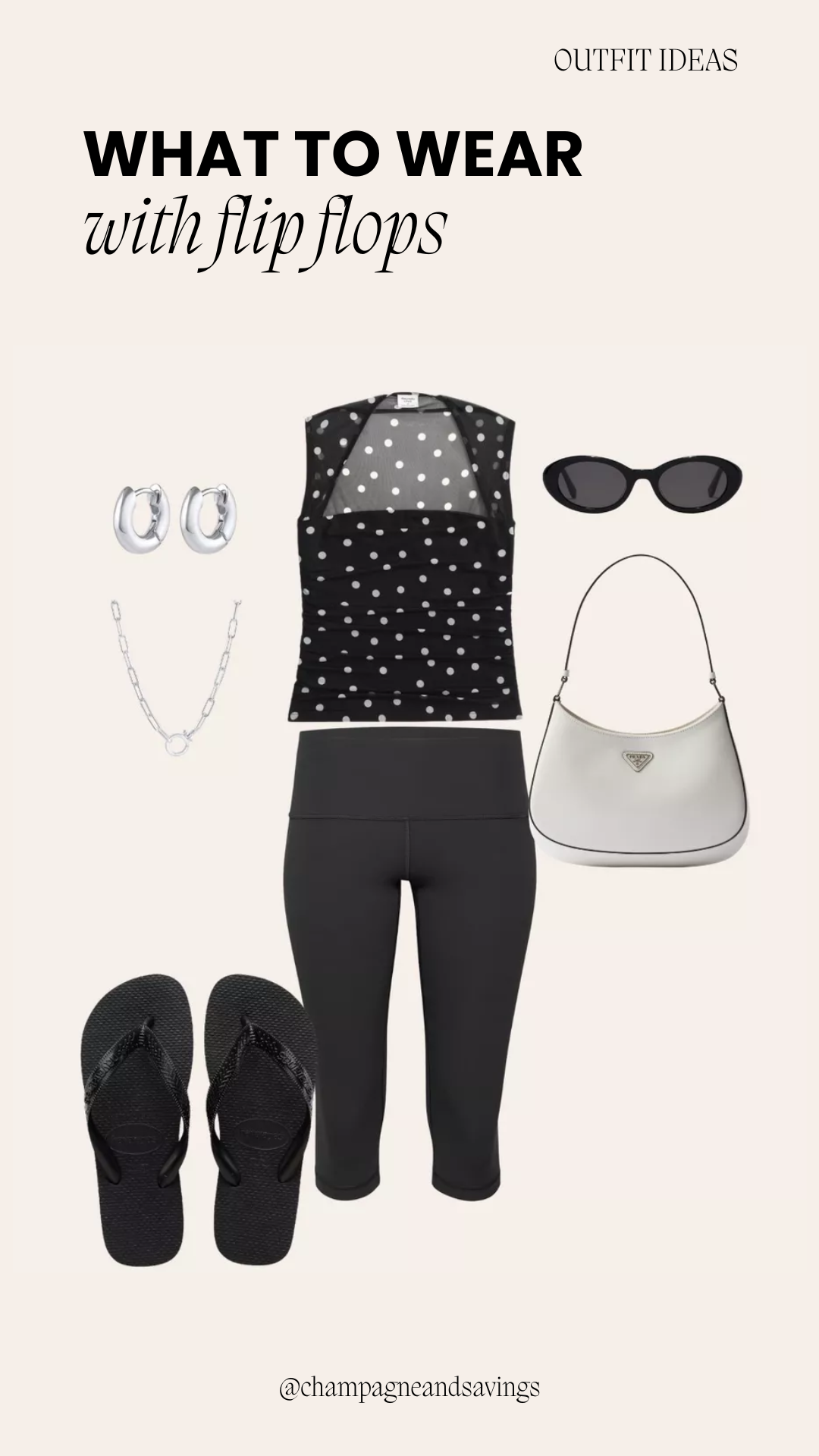 Outfit featuring flip flops styled with leggings and a tank top