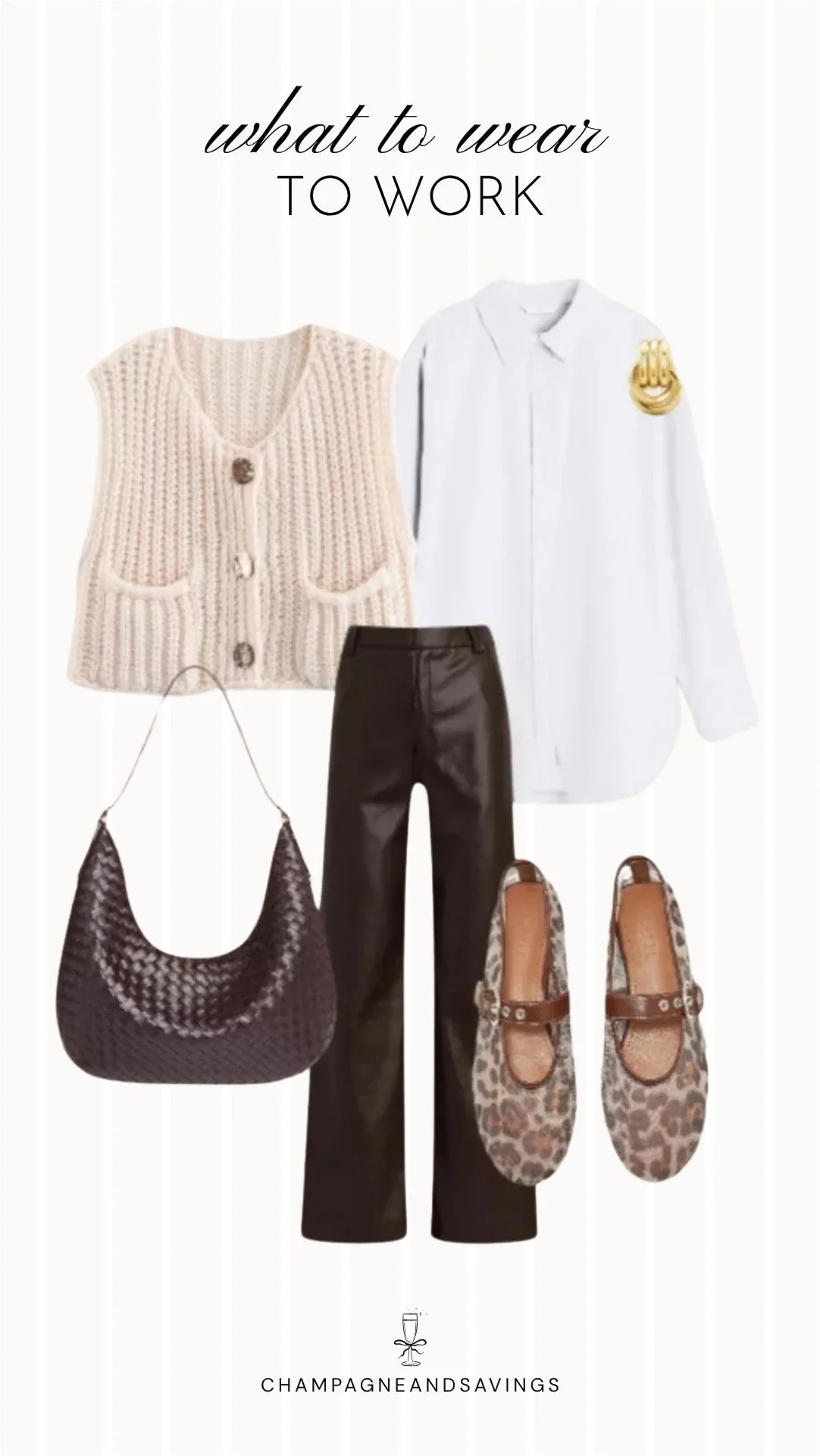 Edgy work outfit collage featuring a knit vest layered over a button-down shirt and paired with leopard print Mary Jane flats, creating a polished office look with a playful, fashion-forward twist.