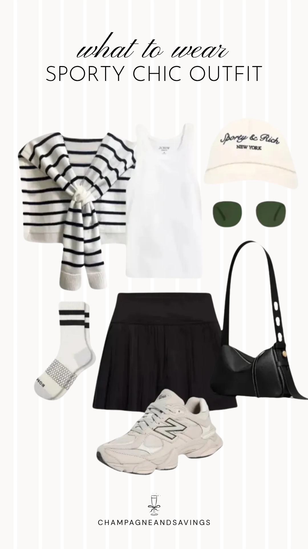 Collage of sporty chic outfit pieces featuring a tennis skort styled with a sweater draped over the shoulders and paired with sneakers for a classic sporty everyday look.