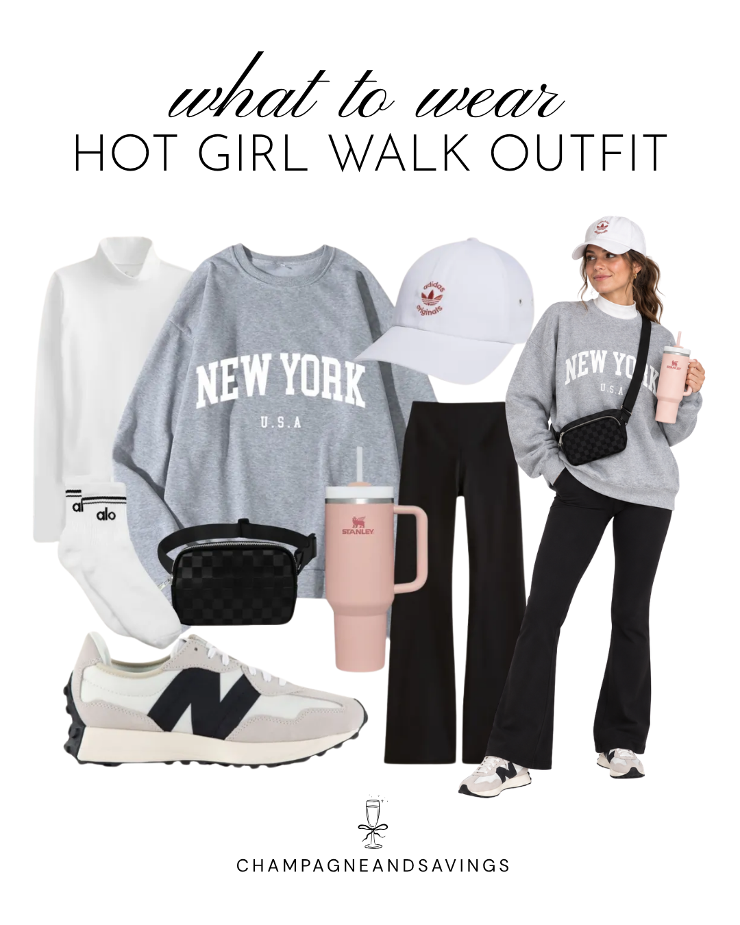 Hot girl walk outfit idea featuring an oversized sweatshirt paired with flared leggings, shown in a collage of outfit pieces for a cute and comfortable walking outfit.