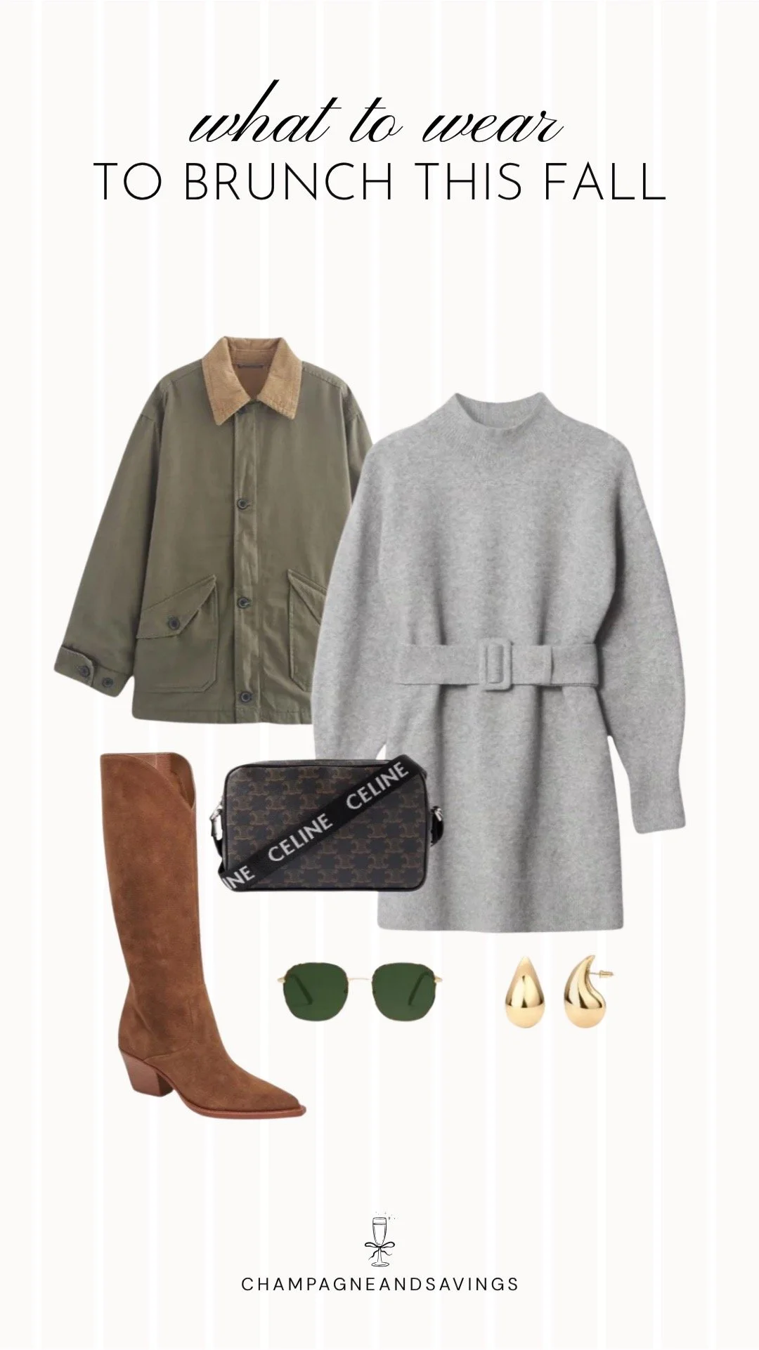 Collage of outfit pieces featuring a barn jacket layered over a belted sweater dress with suede boots for a cozy and stylish fall brunch outfit idea.