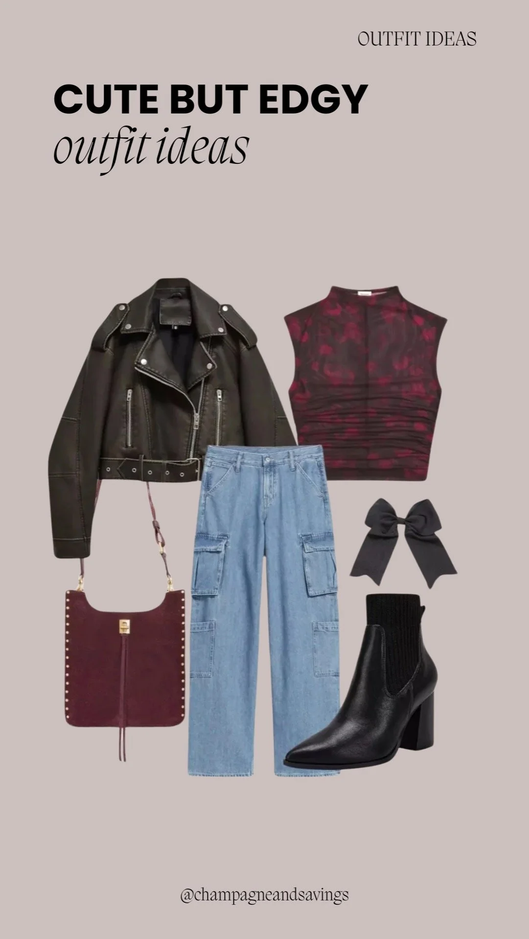 Moto jacket paired with cargo jeans and ankle boots for an edgy, casual look