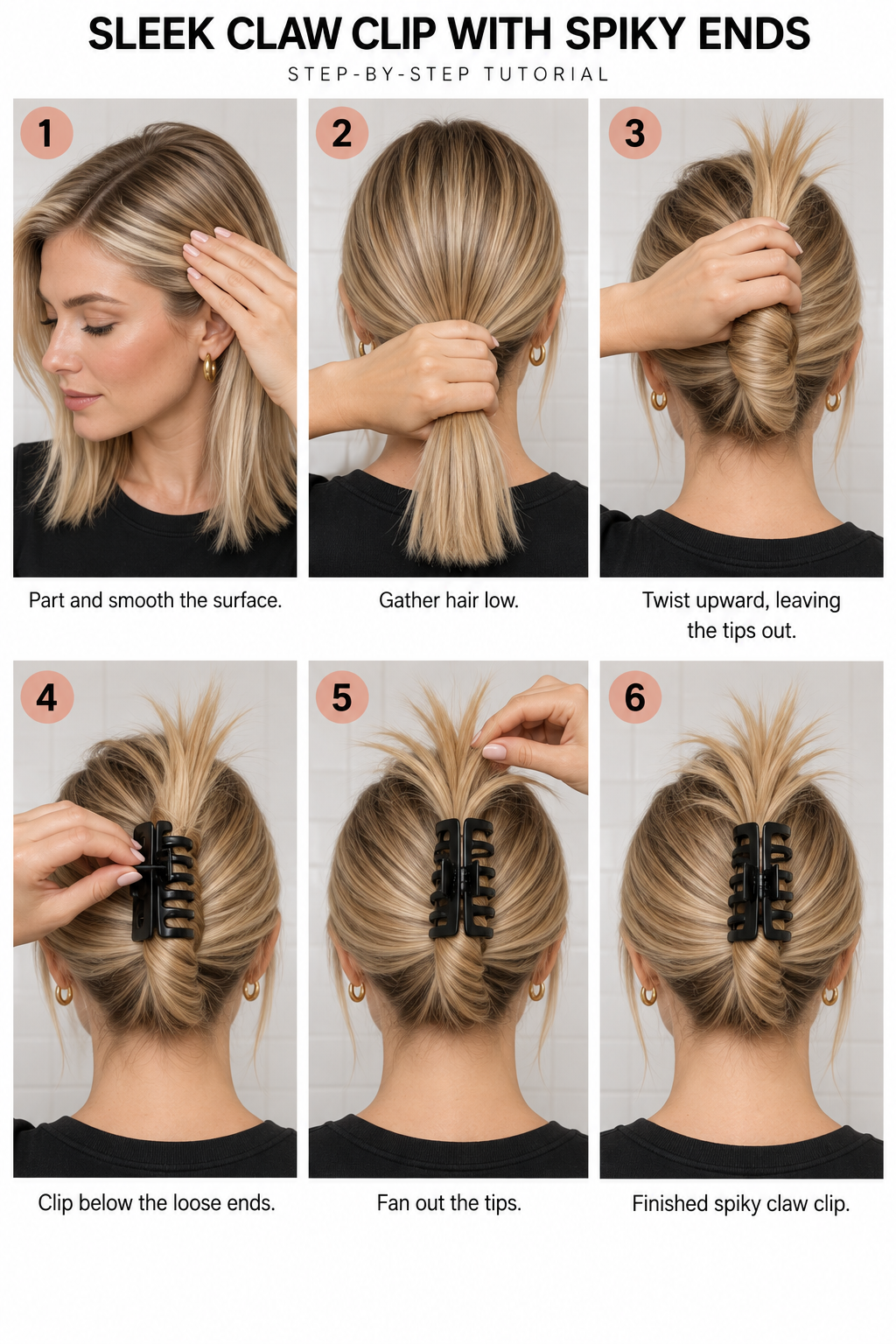 Step by step tutorial on how to do a sleek claw clip with spiky ends.