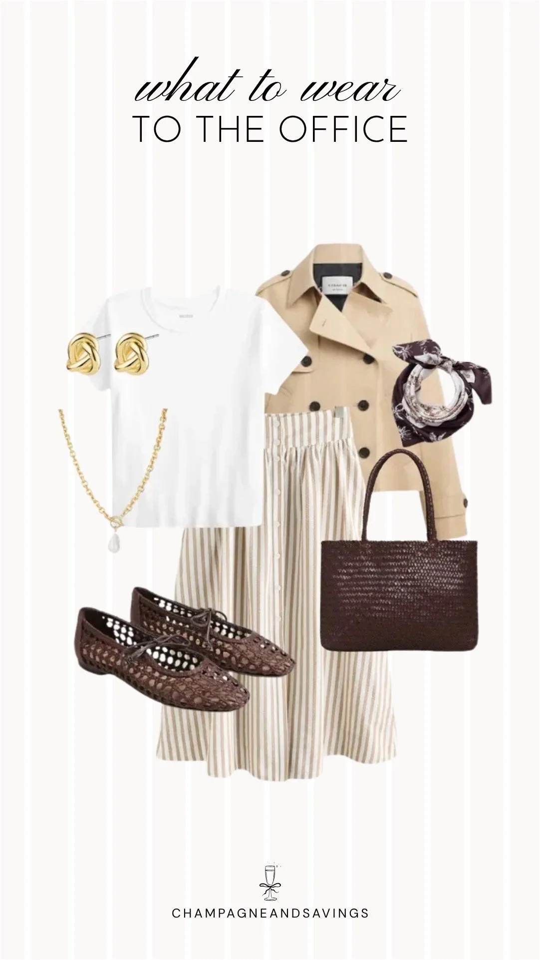 Collage of outfit pieces featuring a striped midi skirt styled with a white tee and trench coat for an effortless and polished summer office outfit idea for cold office days.