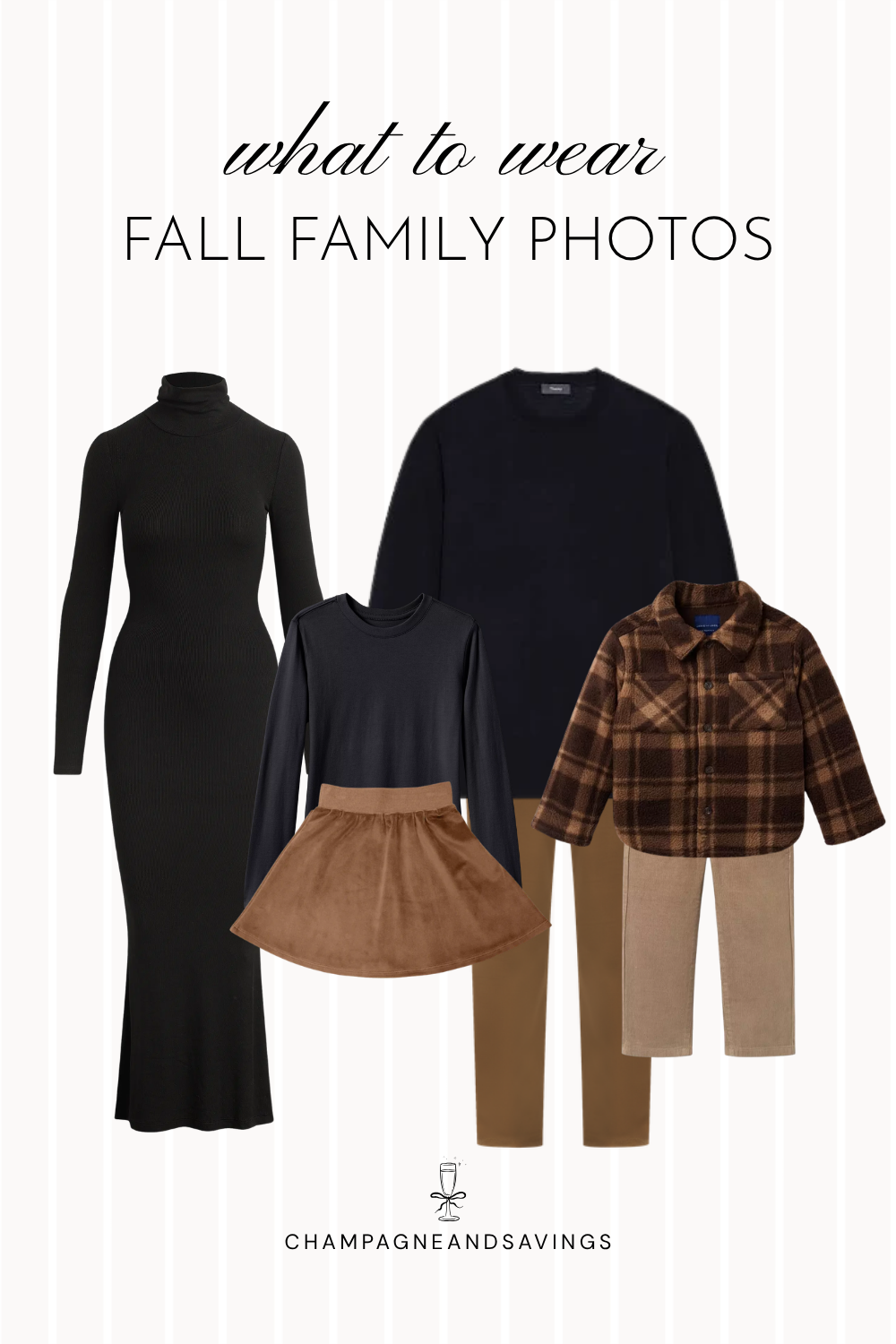 Collage of outfit pieces for a fall family photo color scheme featuring black and camel pieces for a sophisticated, moody fall family photo look.