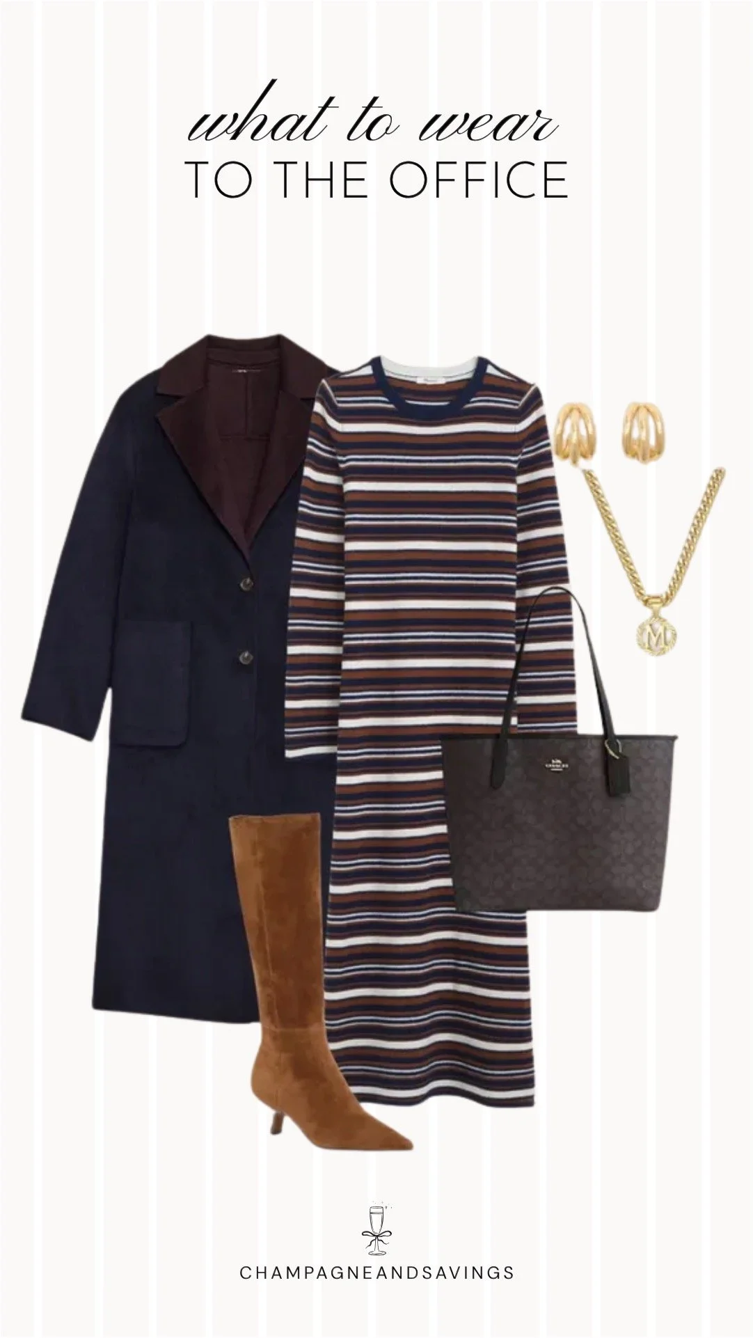 Collage of outfit pieces featuring a striped knit dress styled with a navy coat and suede boots for a polished fall outfit with a cozy and sophisticated feel.