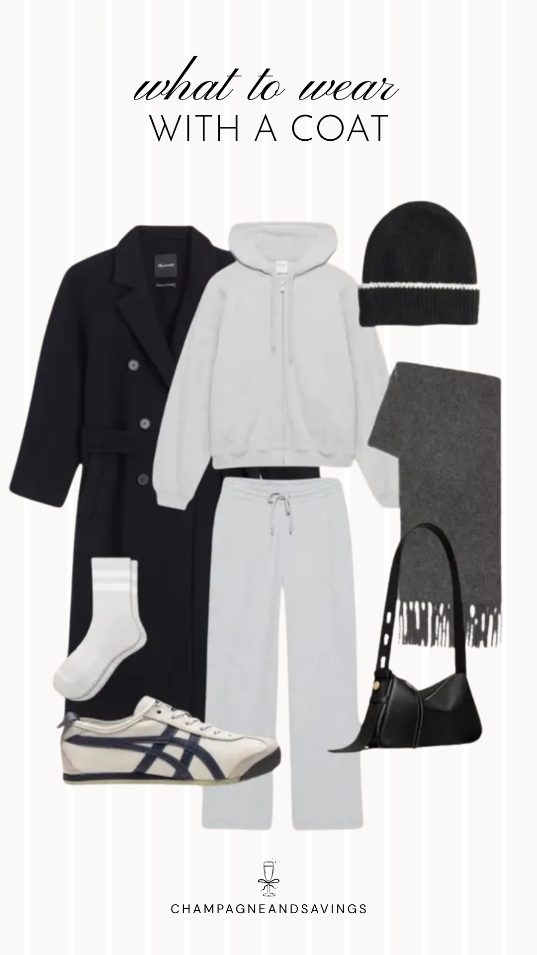 Coat styling idea featuring a zip hoodie layered with a long coat and paired with sweatpants, shown in a casual fall fashion collage with coordinated outfit pieces for a cozy and effortlessly stylish layered look.