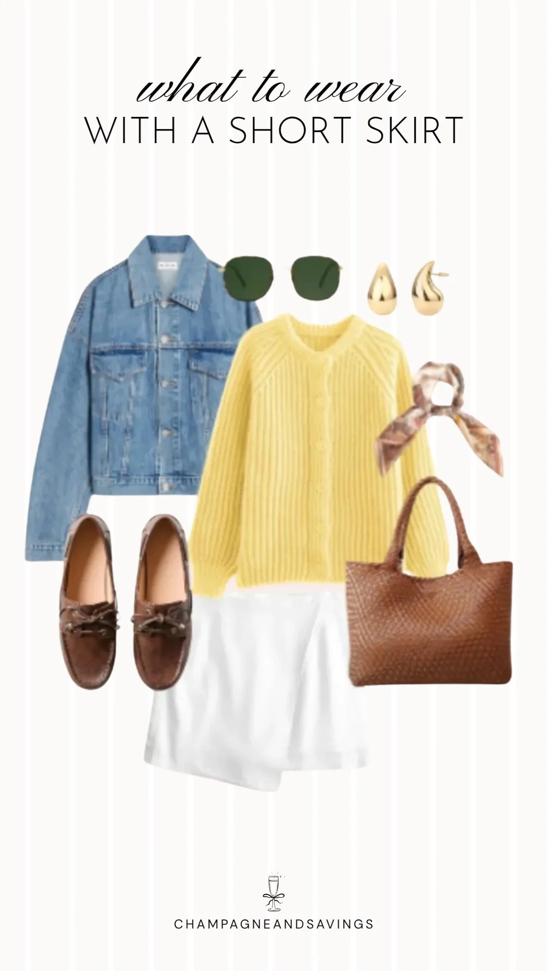 Collage of outfit pieces featuring a short skirt styled with a yellow cardigan and denim jacket for a cute layered outfit idea.