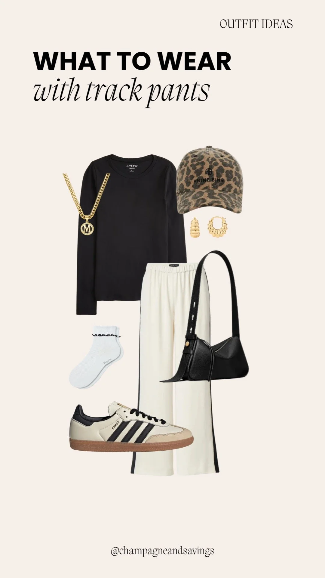 Collage of outfit pieces for a “Cream Track Pants with Black Tee and Leopard Cap” look, featuring cream track pants paired with a black tee and a leopard print cap, styled in a casual trendy sporty aesthetic.