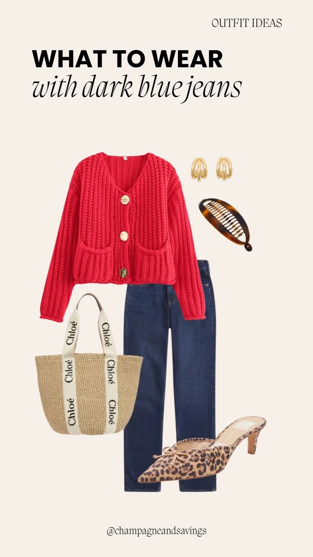 Collage of outfit pieces for a “Red Cardigan + Leopard Mules” dark denim look, featuring dark denim paired with a red cardigan and leopard print mules, styled in a trendy polished aesthetic.
